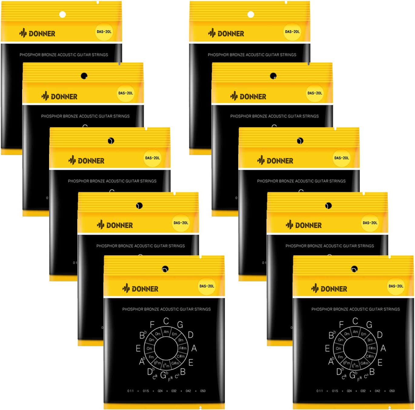 Donner Light Acoustic Guitar Strings Phosphor Bronze Coated 10 Sets Of 6 Hex Steel String 11-50 Das-20L