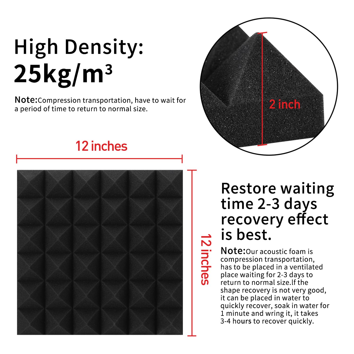 Focusound 24 Packs Acoustic Foam Panels Pyramid 2'' X 12'' X 12'', Soundproofing Foam Noise Cancelling Foam with 120 PCS Double-
