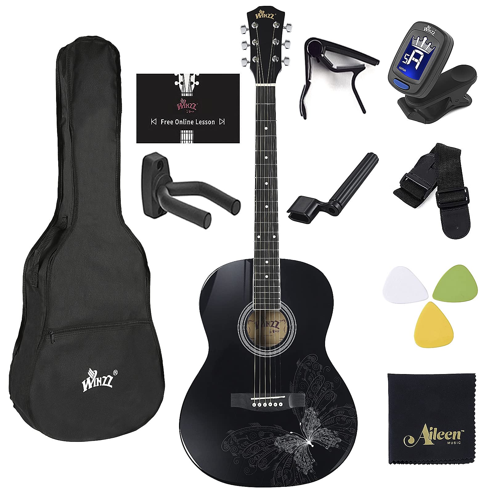 Winzz Af227A 39 Inches Concert Acoustic Acustica Guitar With Full Kit, Elegant Butterfly