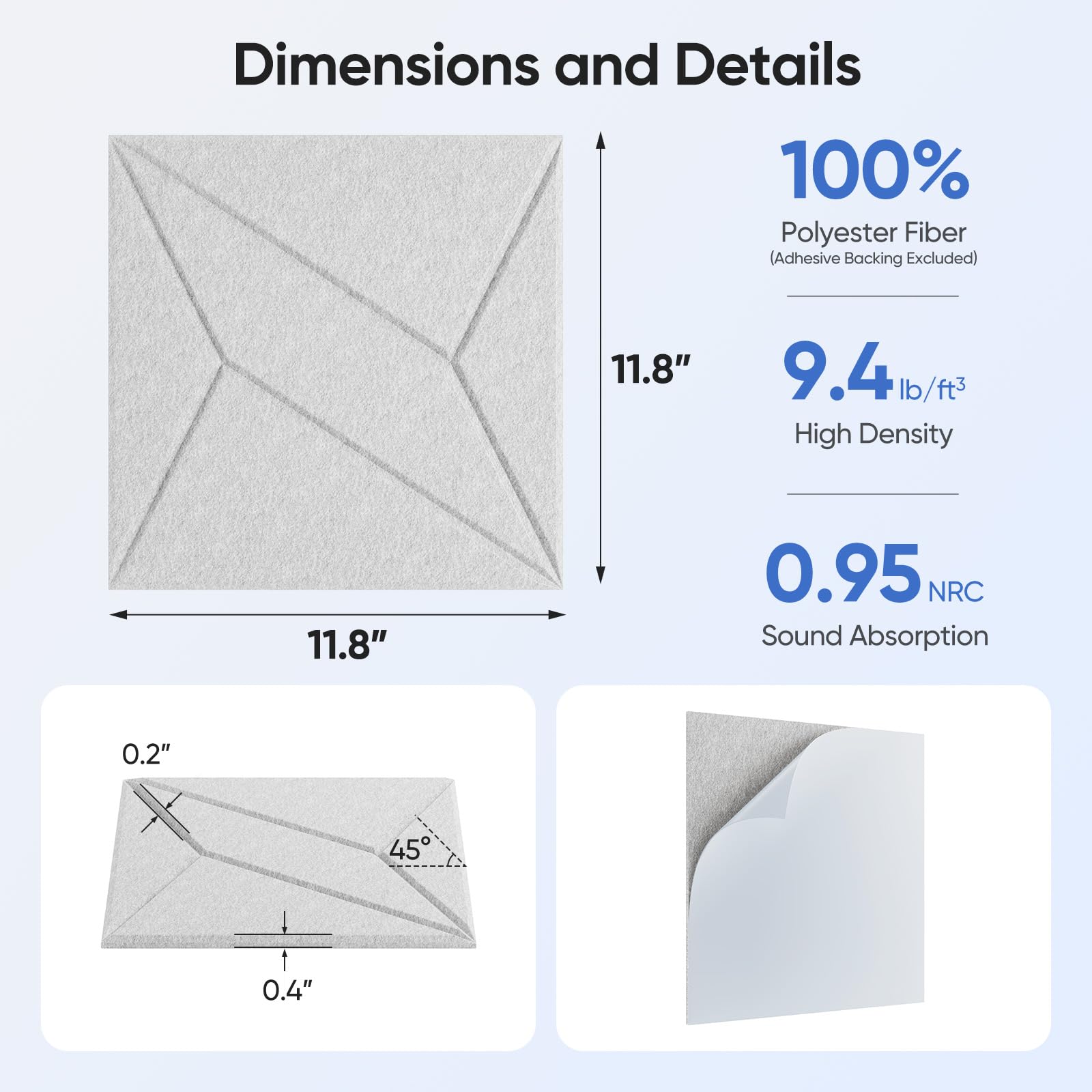 UNECHO 12 Pack 11.8'' X 11.8'' X 0.4'' Acoustic Panels for Wall Sound Absorbing, P-Stripes Square Self-Adhesive Sound Panel, Hig