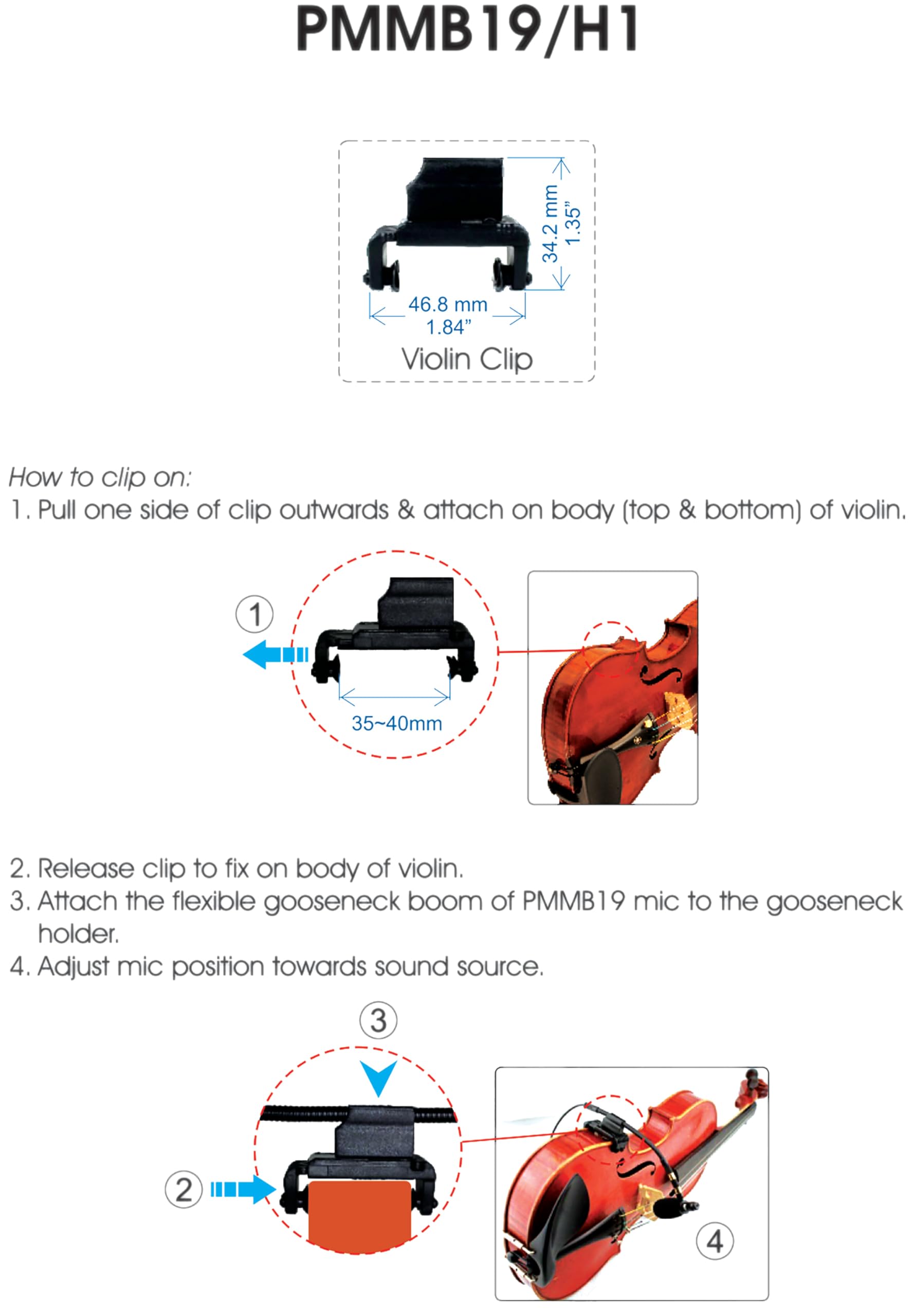 Rannsgeer PMMB19-LS-VL Musical Instrument Microphone with Violin Clip On & 5 Connectors
