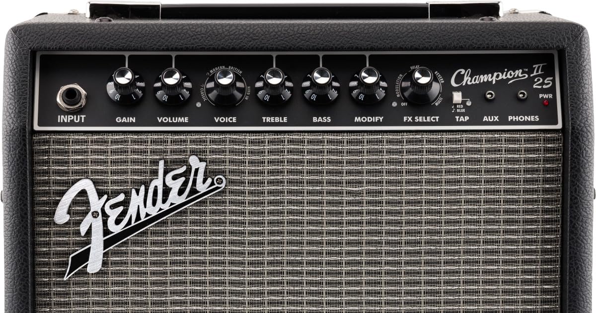 Fender Champion II 25 Watt Guitar Combo Amplifier Bundle with Cable, Austin Bazaar Exclusive 12-Pack Picks, and Instructional Vi
