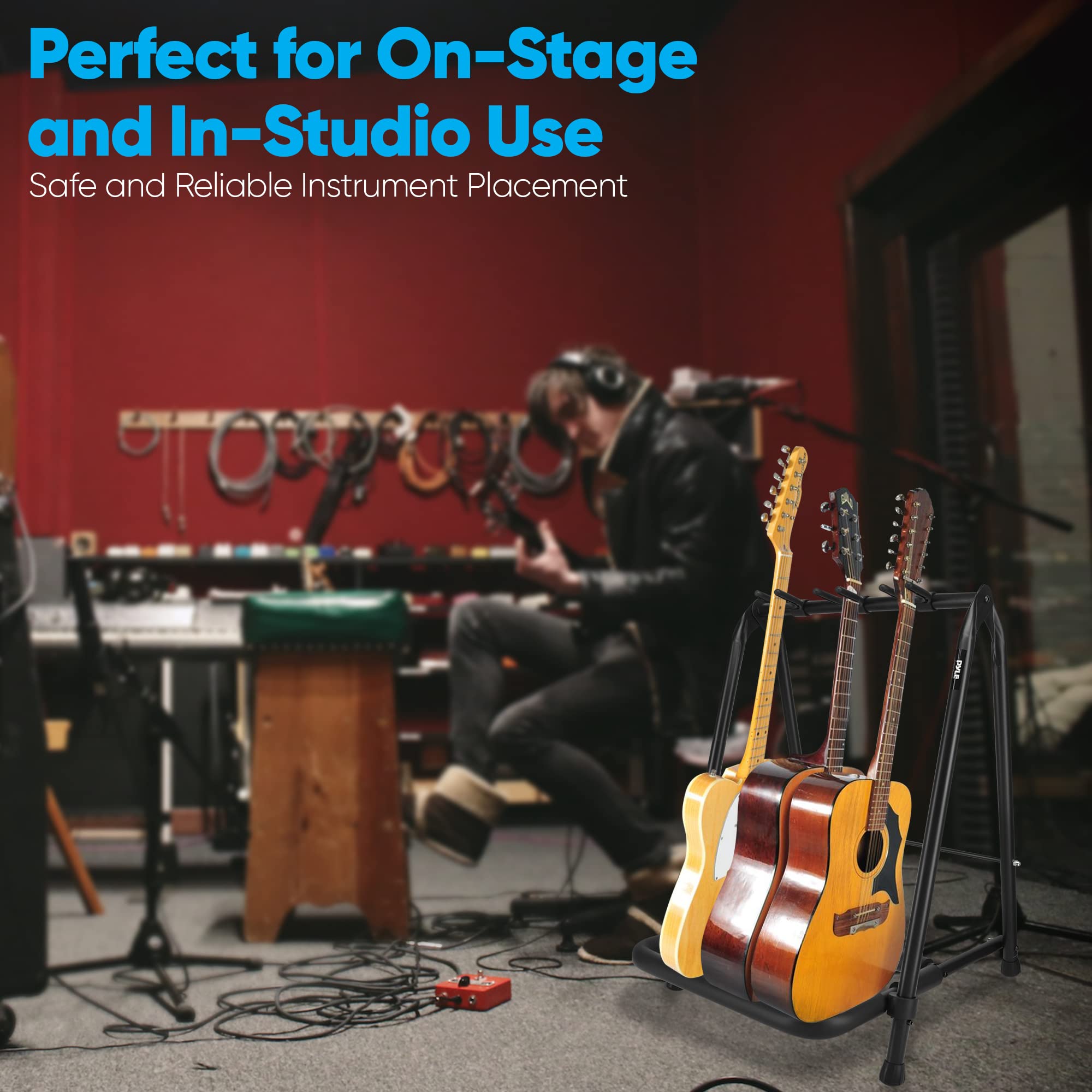 Pyle Foldable Universal Multi 3 Stand Portable Collapsible Instrument Floor Guitar Rack Holder w/Foam Padding-for Acoustic, Elec
