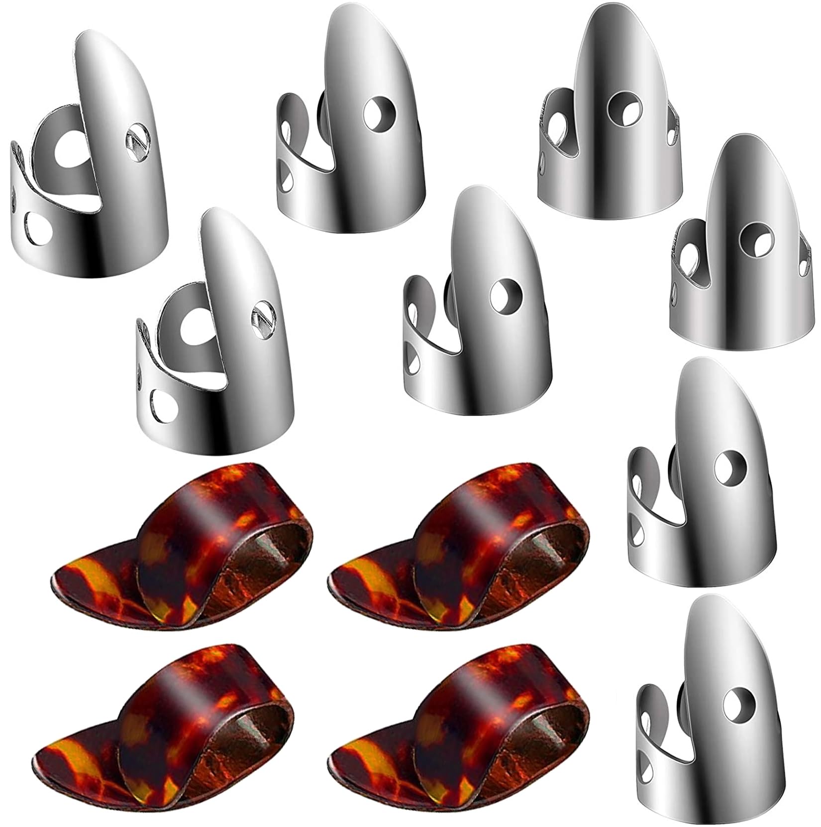 12Pcs Adjustable Finger Thumb Picks Set Includes 8Pcs Silver Stainless Steel Finger Picks And 4Pcs Plastic Thumb Picks For Guita