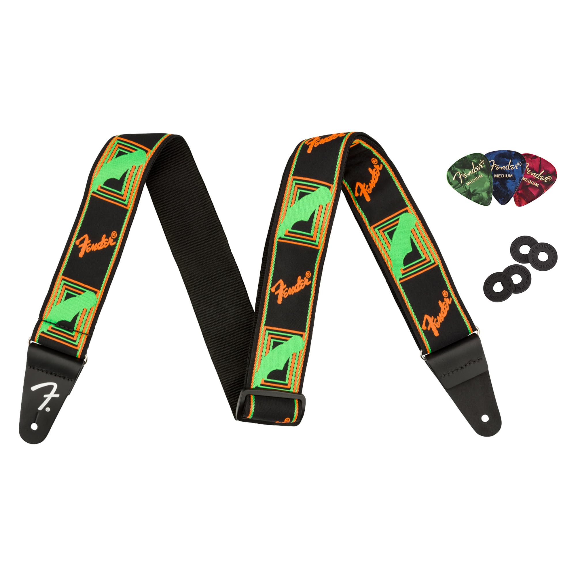 Fender Neon Monogrammed 2-Inch Guitar Strap - Green And Orange Bundle With Strap Blocks And Picks