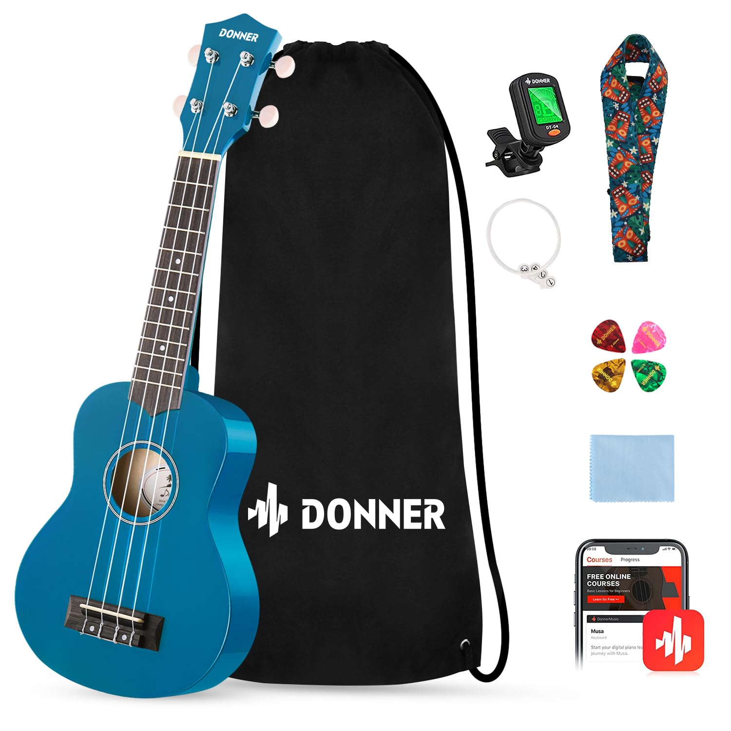 Donner Soprano Ukulele for Beginners 21 Inch Ukelele Starter Bundle Kit with Free Online Lessons Bag Strap String Tuner Picks Cl