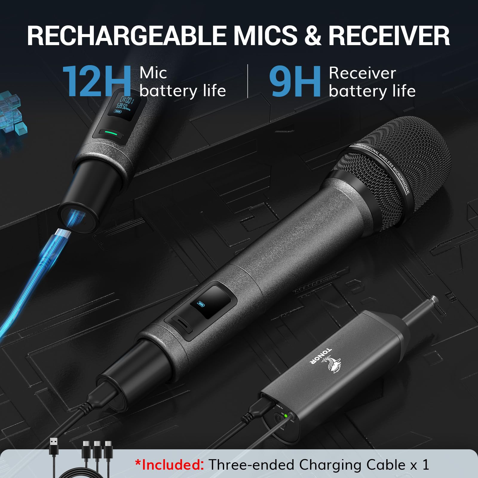 TONOR Wireless Microphones, UHF Rechargeable Cordless Karaoke Mics, 2x20 Channel Dynamic Microfonos Inalambricos Professional fo