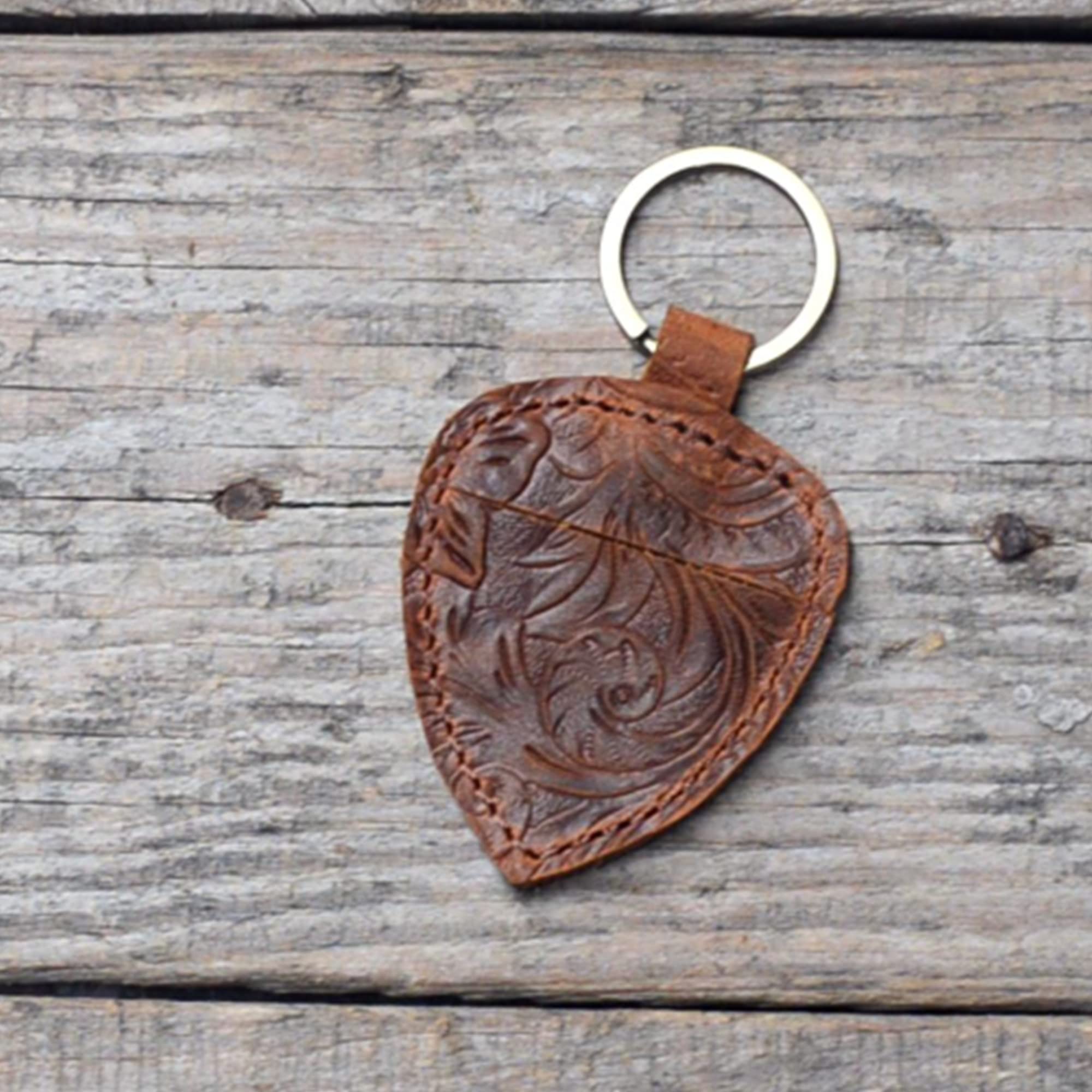 JJNUSA Handmade Leather Guitar shaped Pick Holder Keychain with Belt for guitar picks Keychain Quarter holder key chain, Mandoli