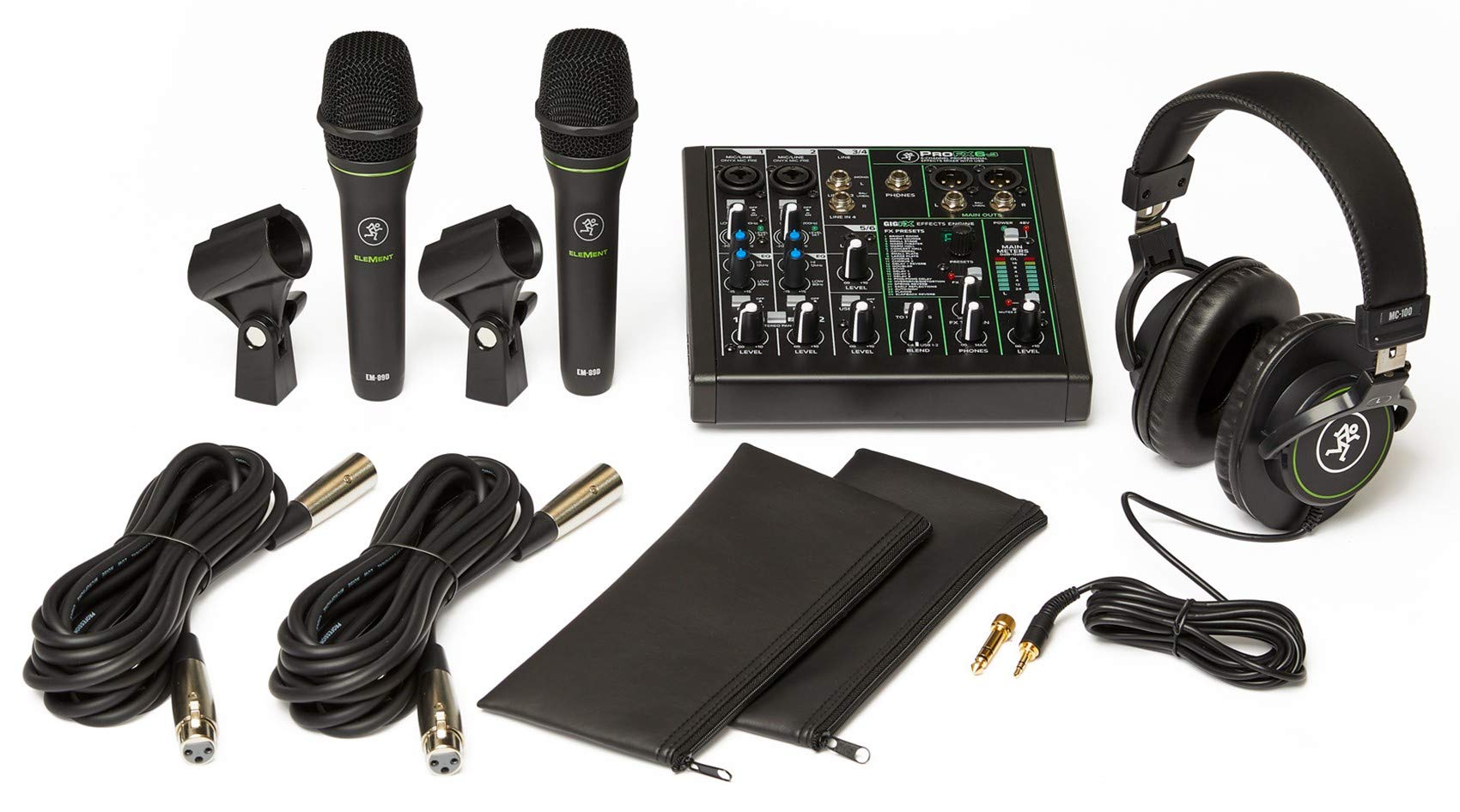 Mackie Performer Bundle With Profx6V3 Effects Dj Mixer With Usb, Two Em-89D Dynamic Mics And Mc-100 Headphones, Black