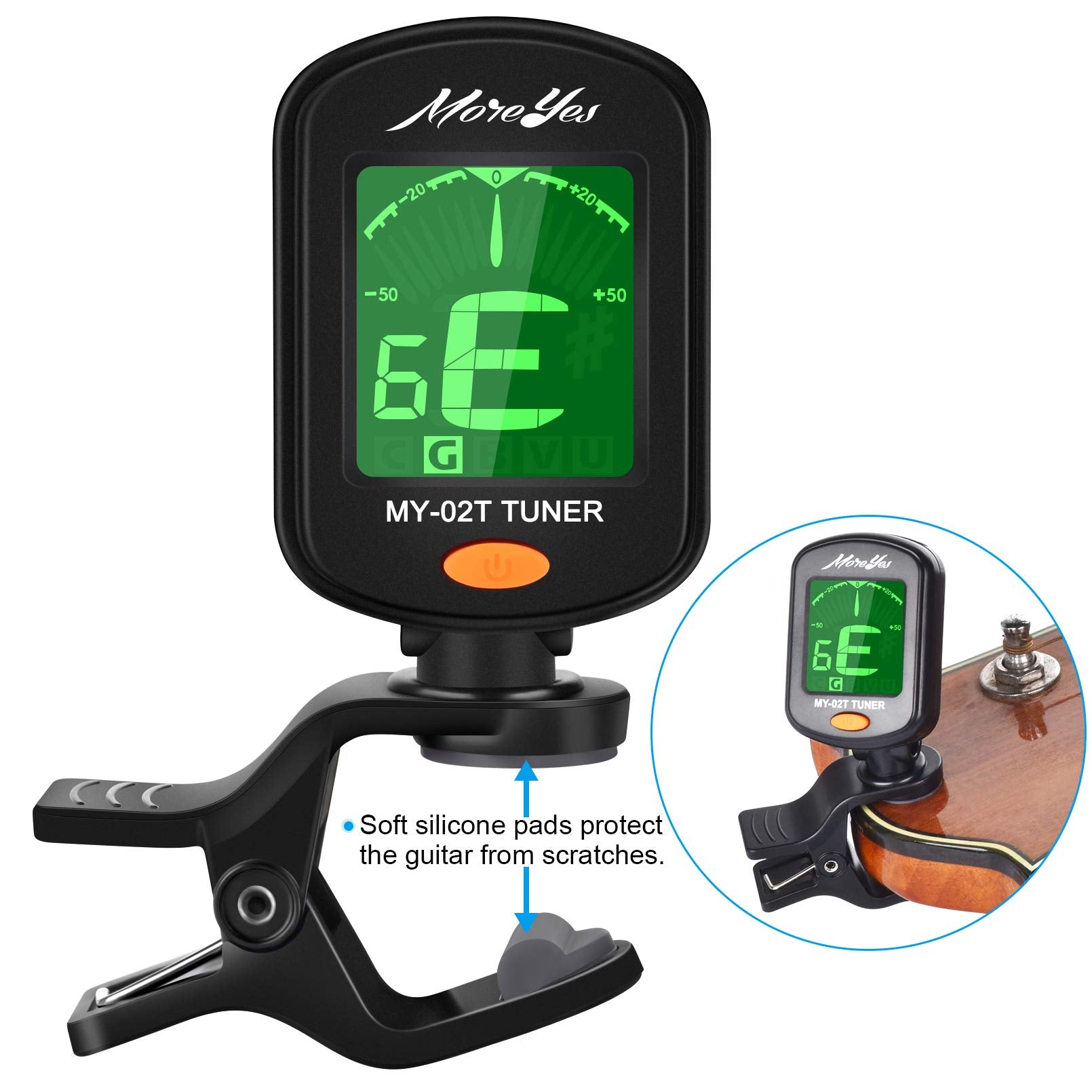 MOREYES 28Pcs Picks Guitar Tuner Clip on Chromatic Digital Tuner for Acoustic Guitars Violin, Ukulele, Bass
