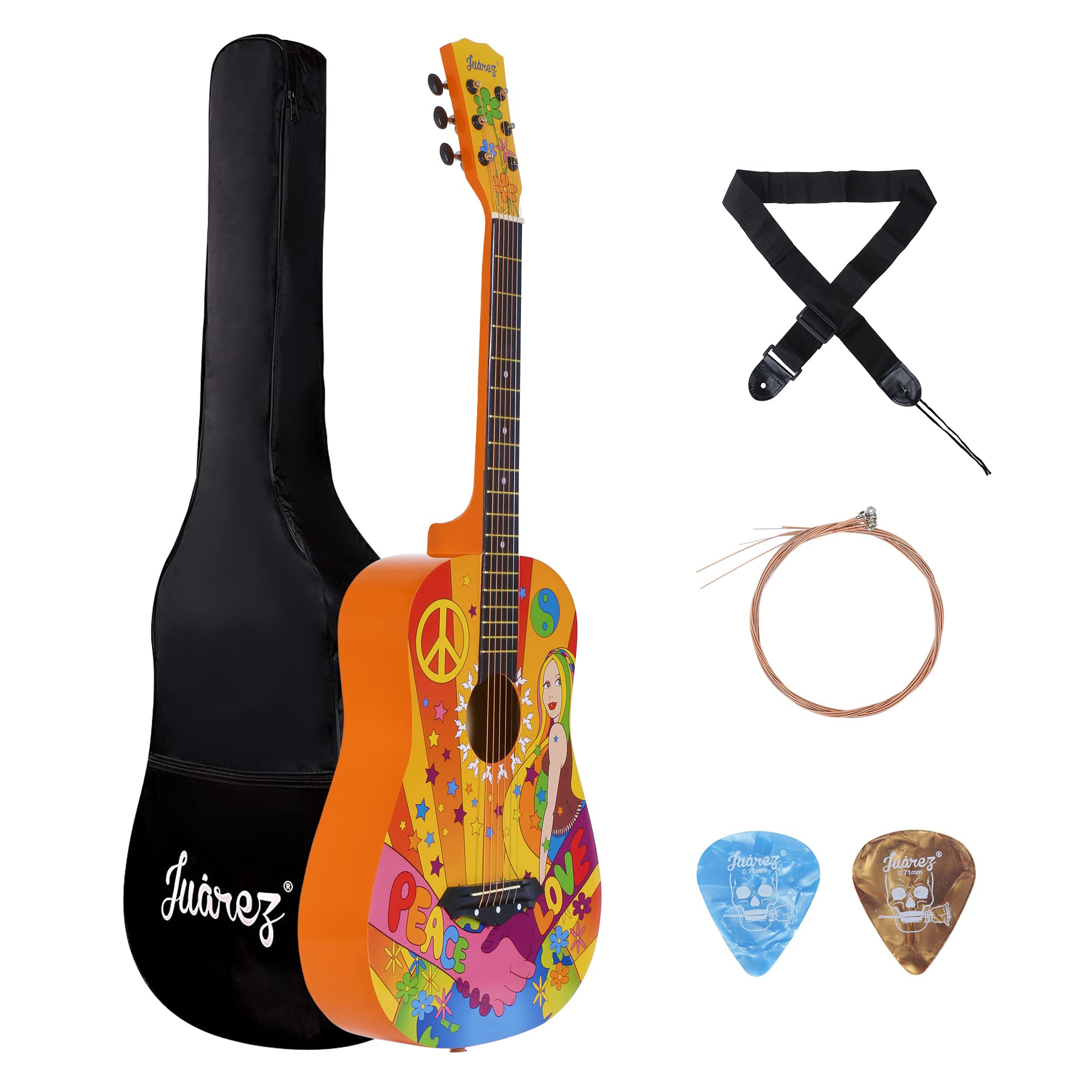 Jurez Acoustic Guitar, 38 Inch Cutaway, Jrz38Ct, Hippie Funky Design, With Bag, Picks, Strap & Extra String Set