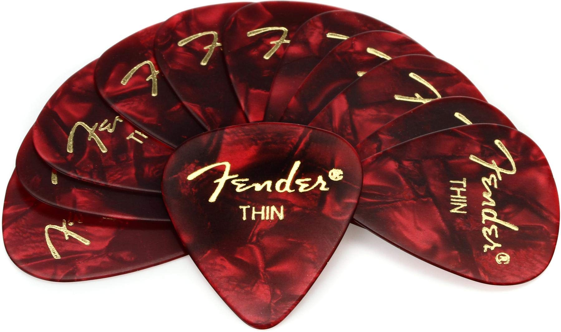 Fender 351 Shape Thin Classic Celluloid Picks, 12-Pack, Red Moto For Electric Guitar, Acoustic Guitar, Mandolin, And Bass