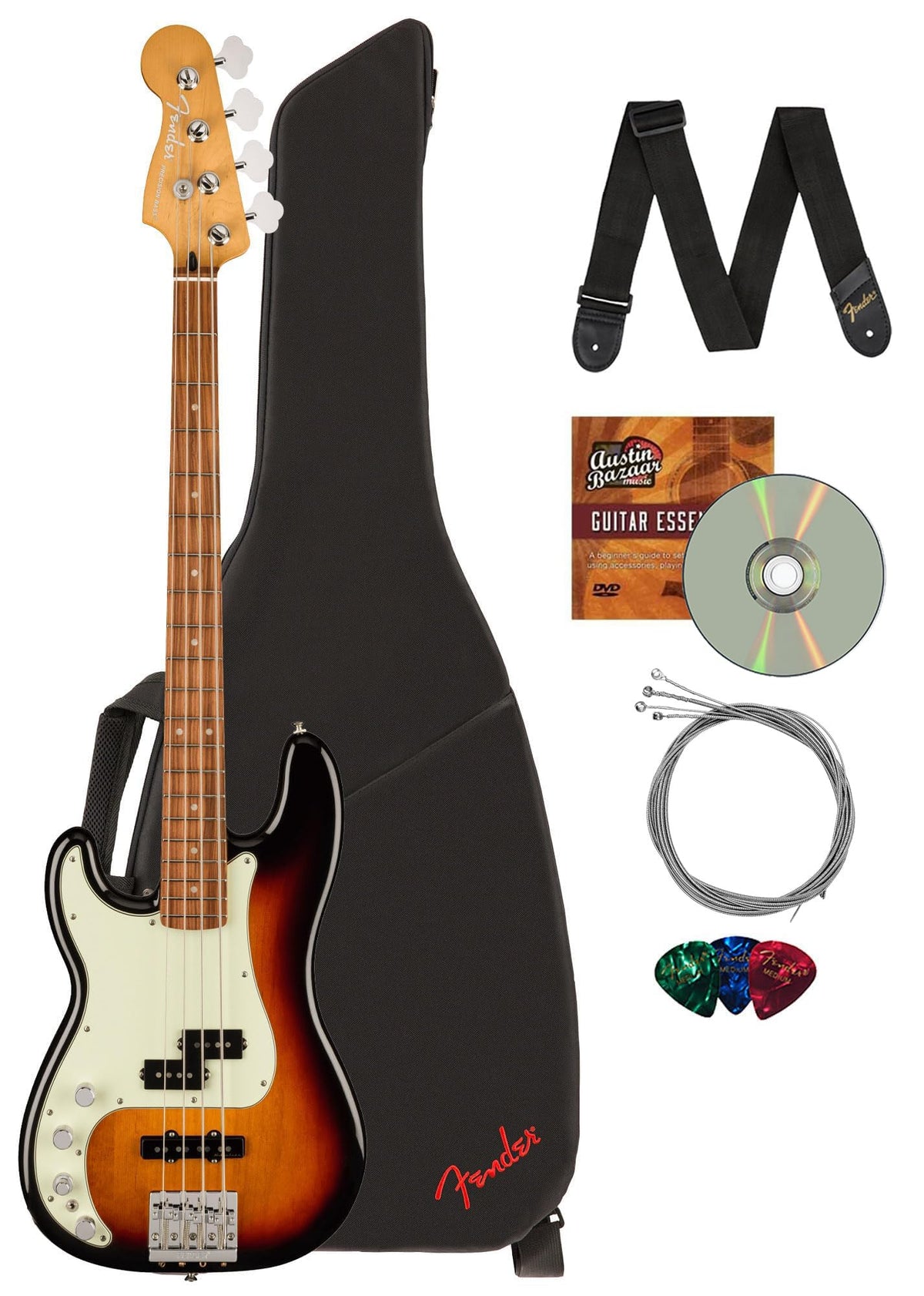 Fender Player Plus Precision Bass Left-Handed - 3-Color Sunburst Bundle With Gig Bag, Strap, Strings, Picks, And Austin Bazaar I