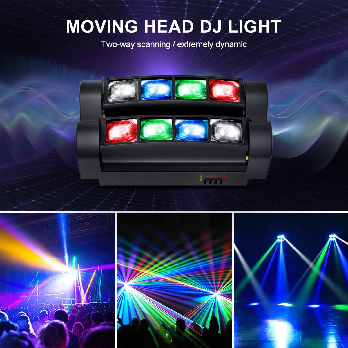 Seven Stars Moving Head DJ Light, 8 Beams Spider LED Stage Light, Master-Slave/DMX/Sound/Auto Control Modes, RGBW 4 in 1 Spotlig