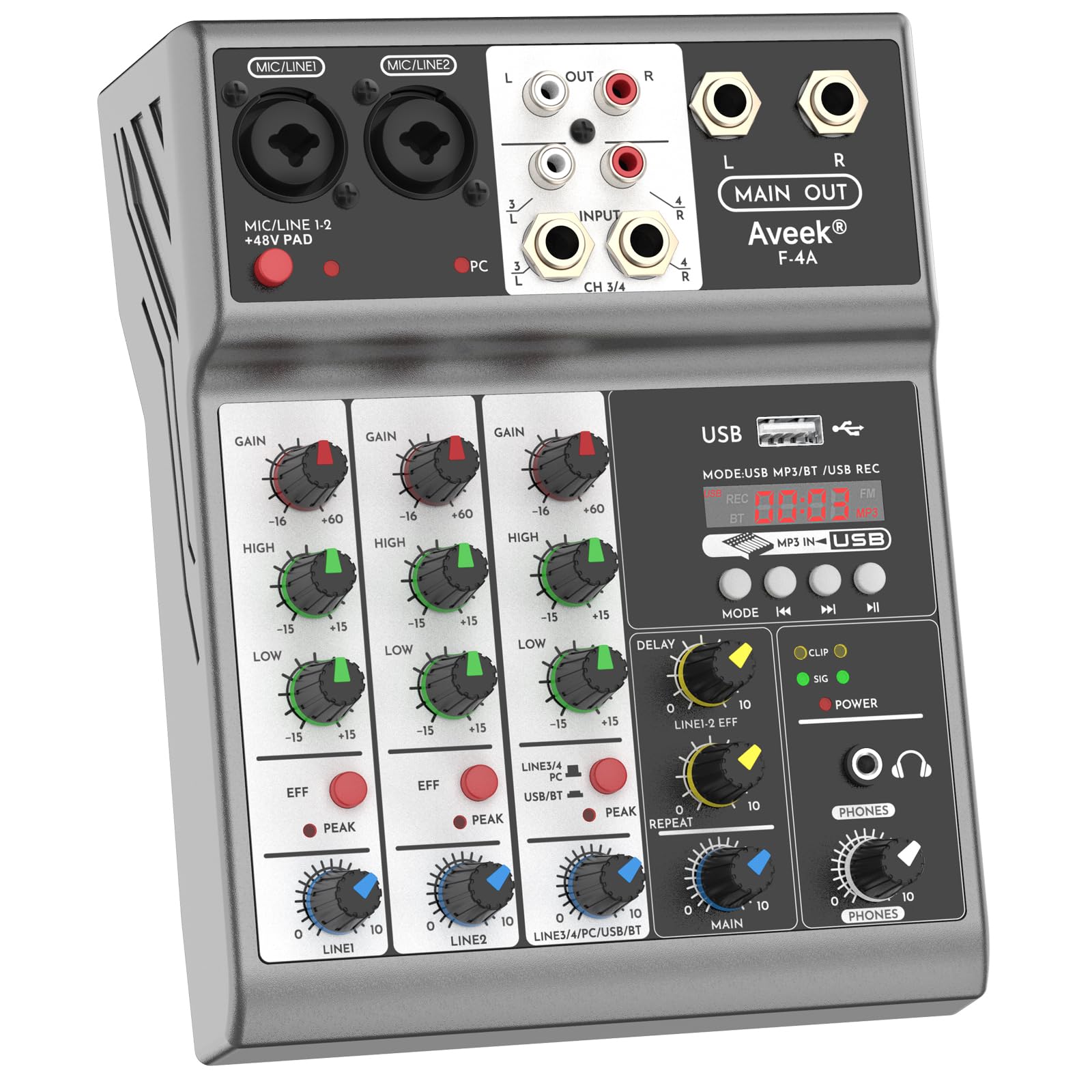 Aveek Professional Audio Mixer, Sound Board Mixing Console with 4 Channel Digital USB Bluetooth Echo Delay Effect, Input 48V Pha