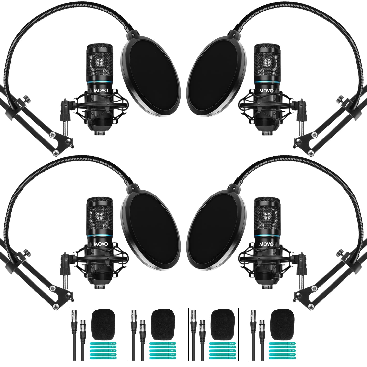 Movo Podpak4A 4-Pack Universal Xlr Condenser Microphone Podcast Equipment Bundle For 4 - Includes Cardioid Mics, Desk Mount Stan
