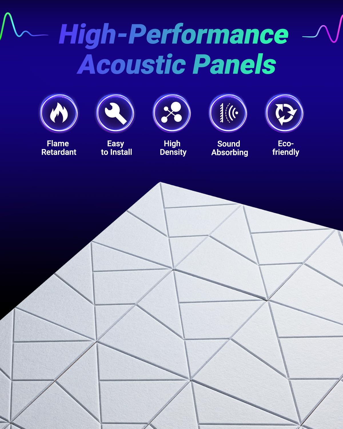 Topnaca 18 Pack Soundproof Wall Panels, Self Adhesive Sound Proof Foam Panels for Walls 12''x12''x0.4'', Dynamic Line Acoustic P