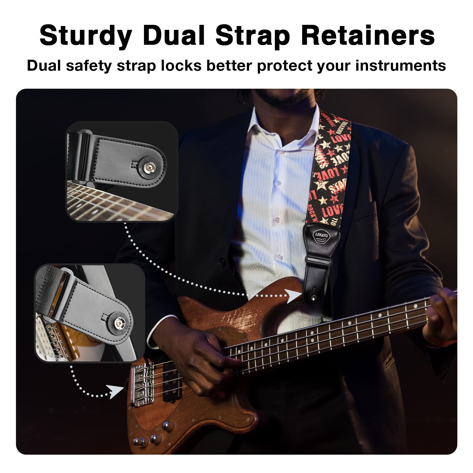 LEKATO Guitar Bass Strap for Electric Guitar Bass, 3'' Wide Padded Guitar Strap Neoprene Pad with 3D Sponge Filling Adjustable L