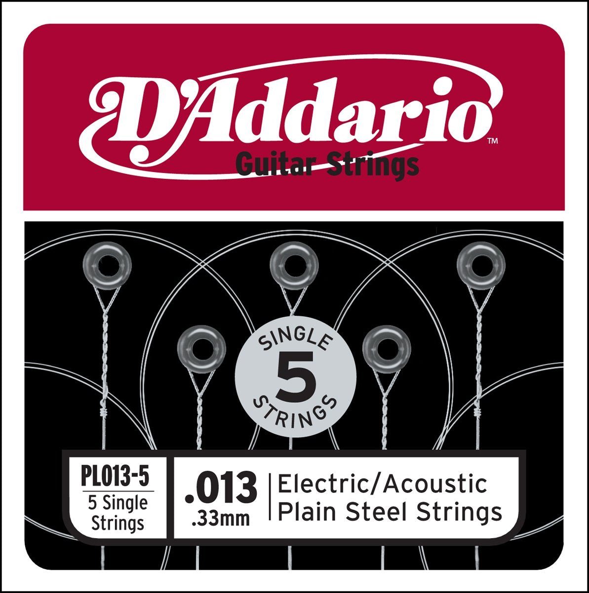 D'Addario Pl013-5 Plain Steel Guitar Single String, 013 5-Pack