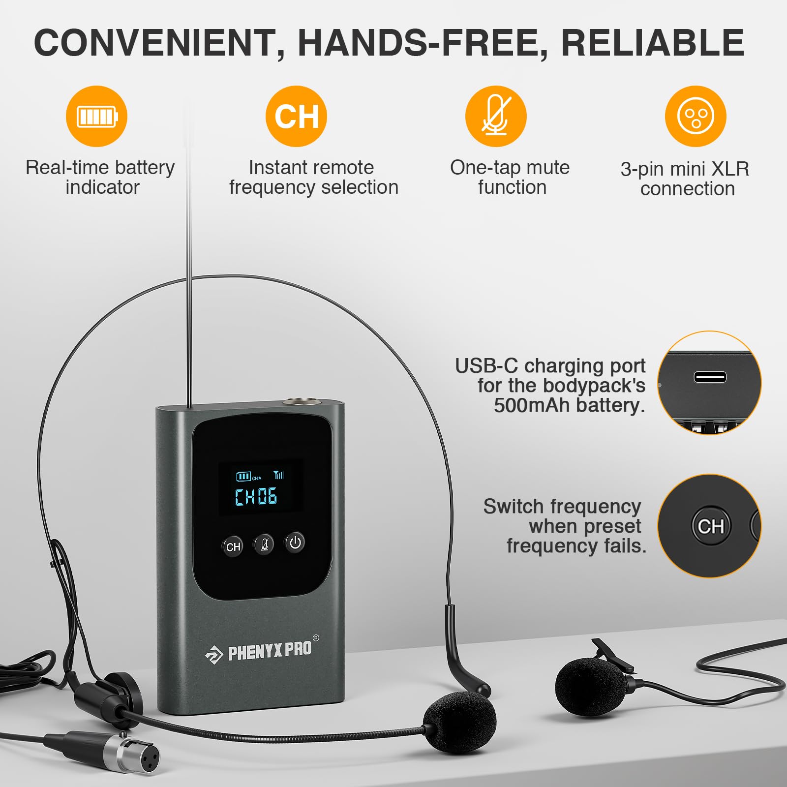 Phenyx Pro Dual Digital Wireless Microphone System, w/Handheld Dynamic Microphone, Bodypack Transmitter, Mini Receiver, 2x15 UHF