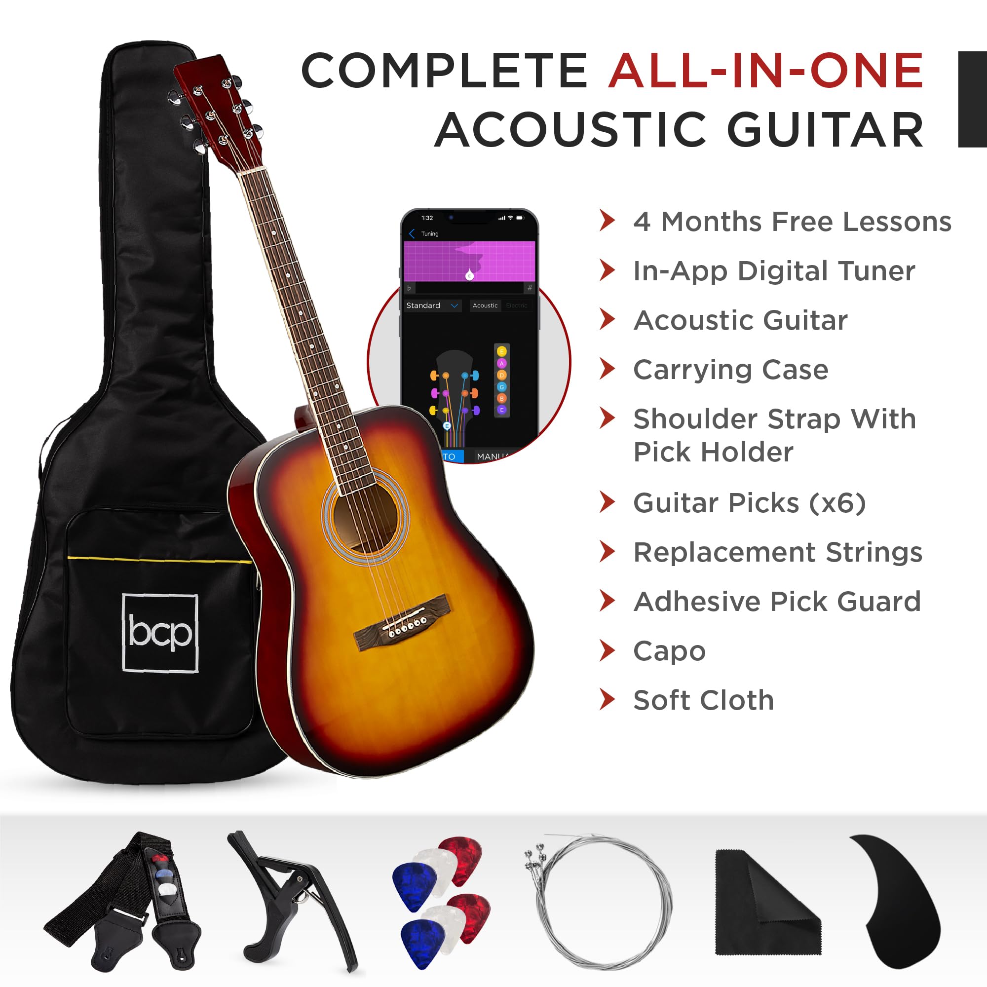 Best Choice Products 41in Full Size Beginner All Wood Acoustic Guitar Starter Set w/Gig Bag, Strap, Capo, Strings, Picks - Sunbu