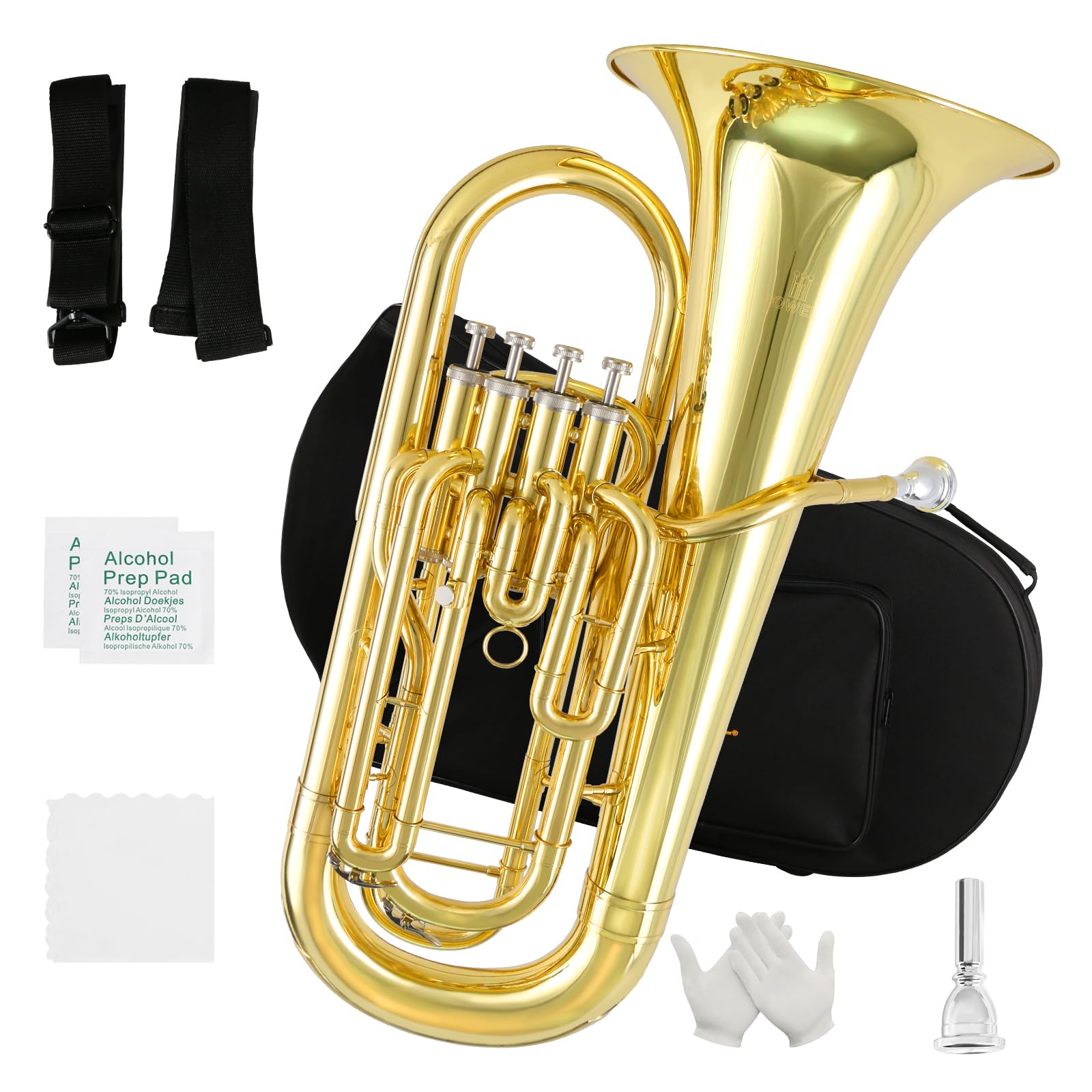 ROWELL Euphonium 4 Valves Bb Brass Lacquer Gold 4 Stainless Steel Pistons Intermediate Advanced Euphonium with Case Gloves and P