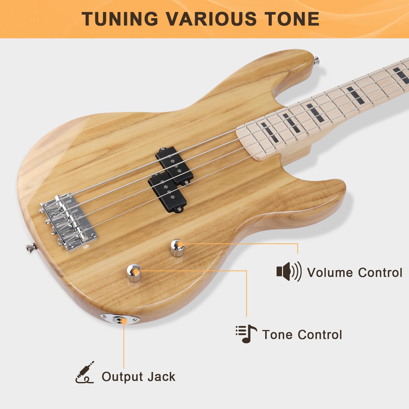 GLARRY GP Series Full Size Electric Bass Guitar 4 String Beginner Kit Canadian Maple Fingerboard with Cable, Strap, Bag and Acce