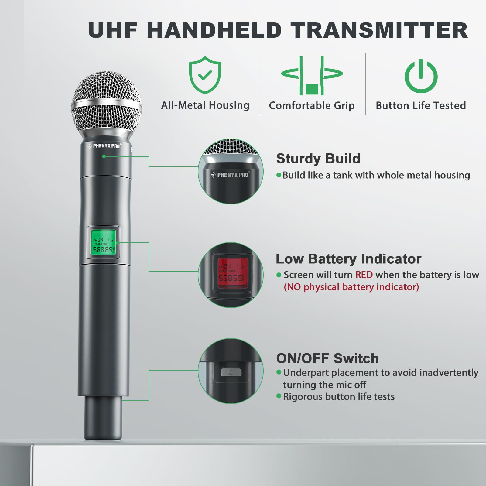 Phenyx Pro Wireless Microphone System, 4-Channel UHF Wireless Mic Set with Handheld/Bodypack/Headset/Lapel Mics, Fixed Frequency