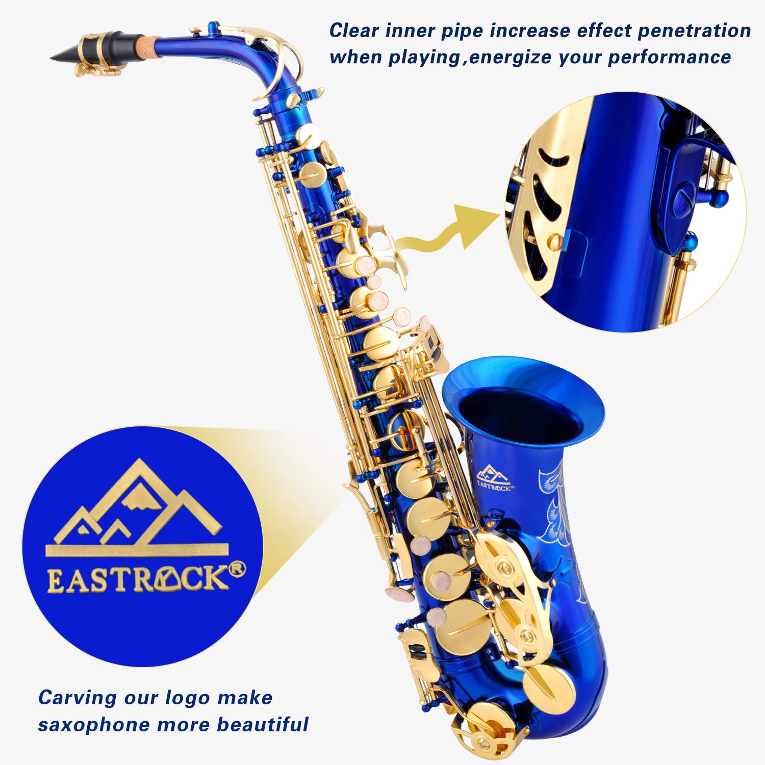 EASTROCK Dark Blue/Golden Alto Saxophone E Flat Sax Full Kit for Students Beginner with Carrying Case,Mouthpiece,Mouthpiece Cush