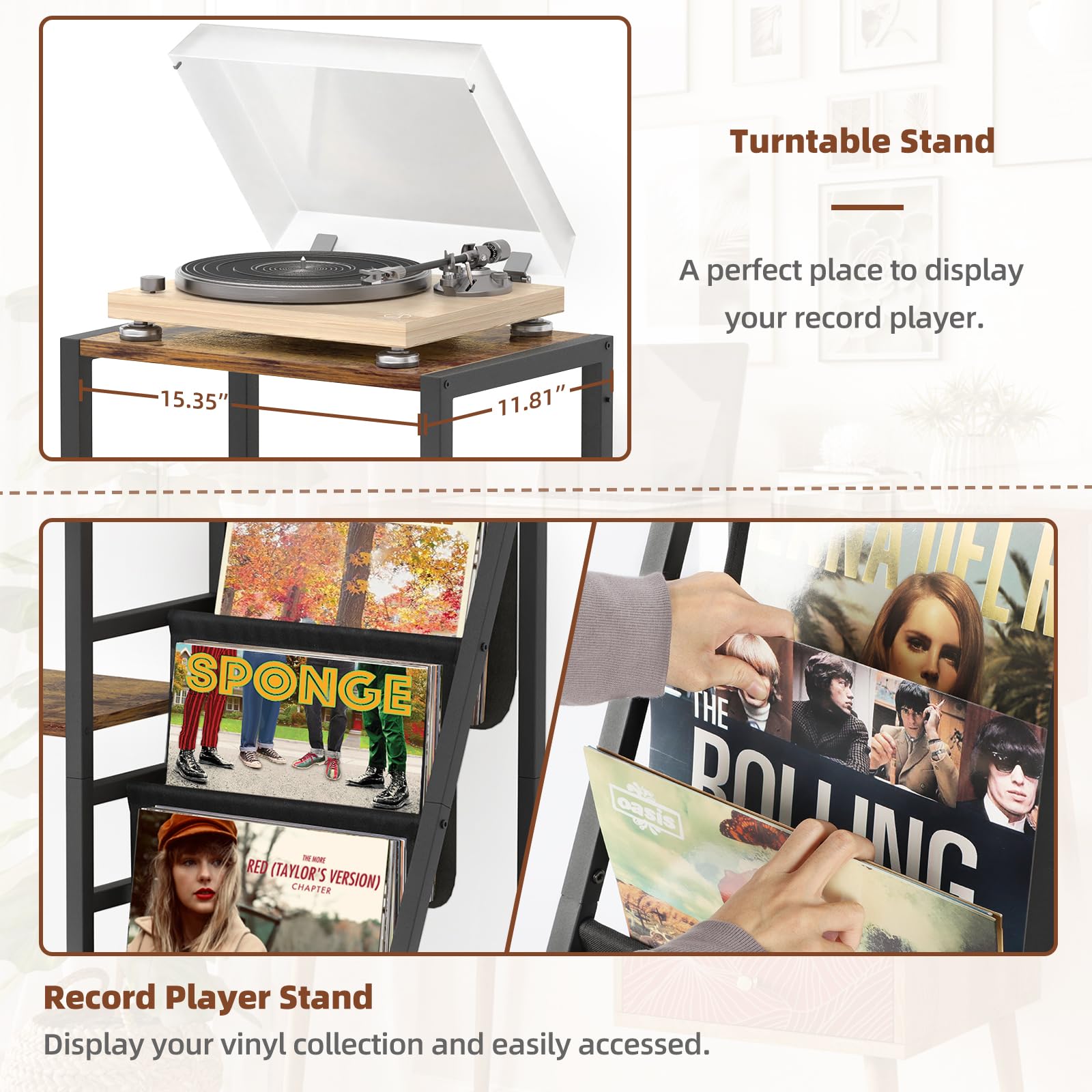 Bikoney Record Player Stand with Guitar Holder, Guitar Rack for Acoustic, Electric Guitar, Bass, Guitar Stand Multiple Guitars,