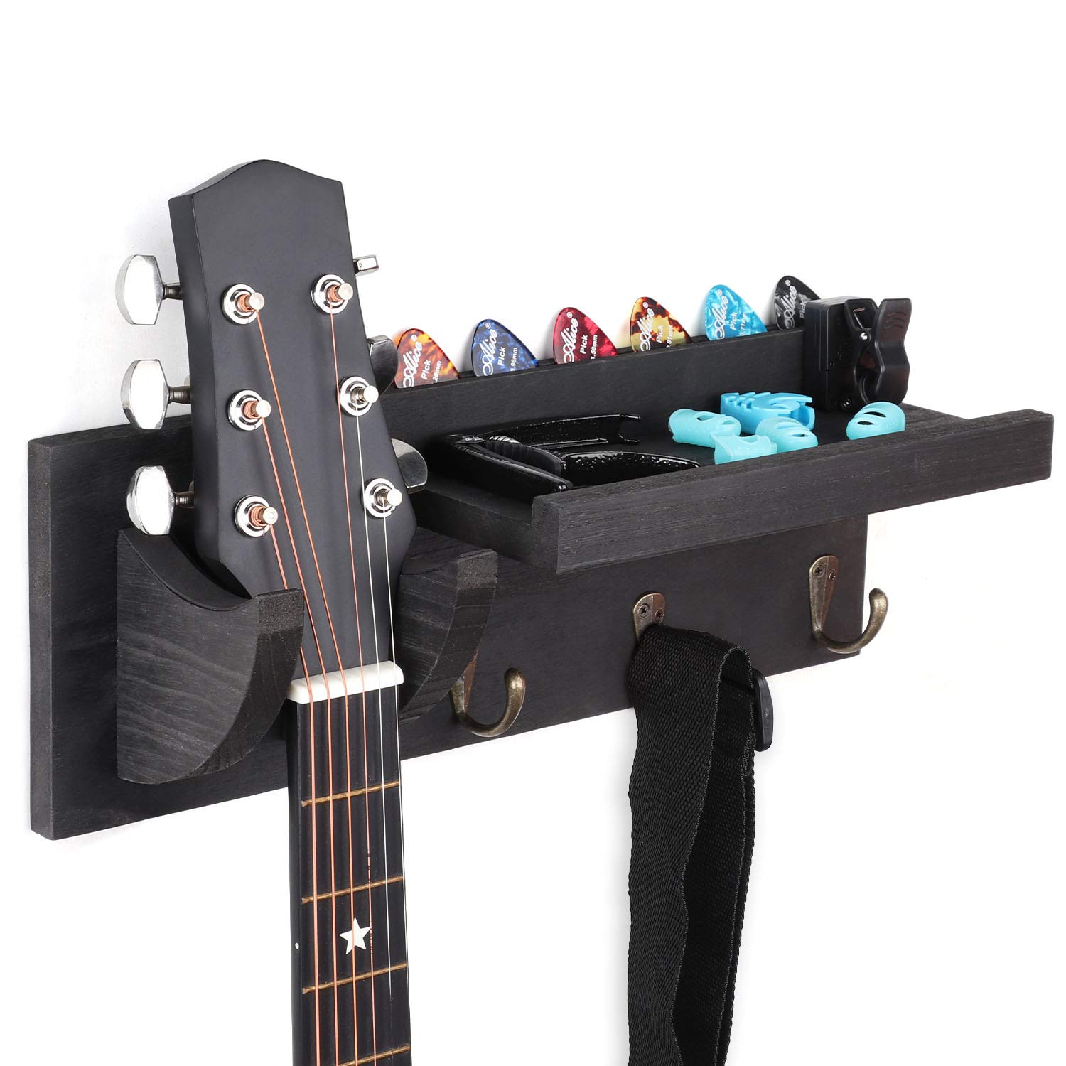 Bikoney Guitar Wall Hanger Guitar Holder Wall Mount Bracket Hanger Guitar Wood Hanging With Pick Holder And 3 Hooks Vintage Blac