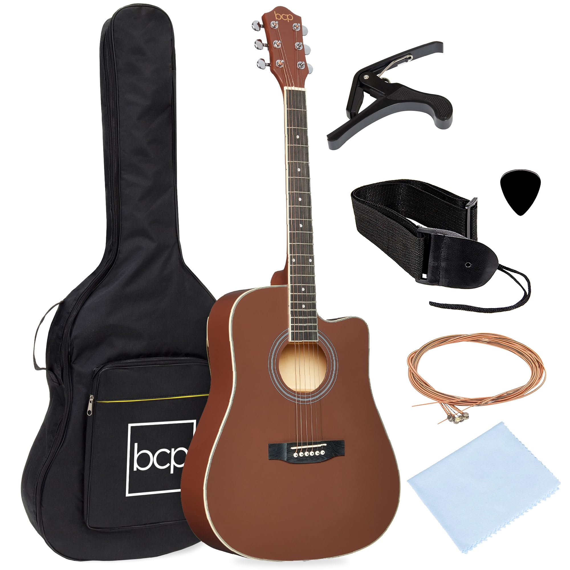 Best Choice Products 41In Beginner Acoustic Guitar Full Size All Wood Cutaway Guitar Starter Set Bundle With Case, Strap, Capo,