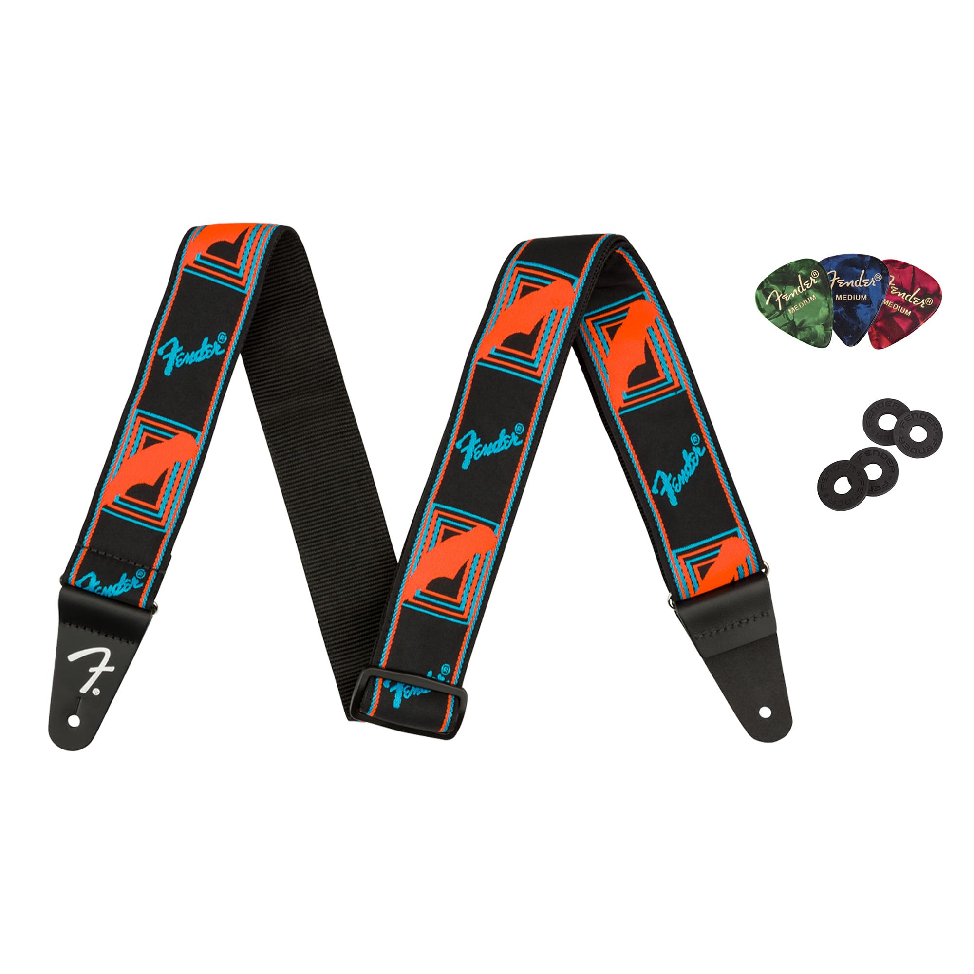 Fender Neon Monogrammed 2-Inch Guitar Strap - Blue And Orange Bundle With Strap Blocks And Picks