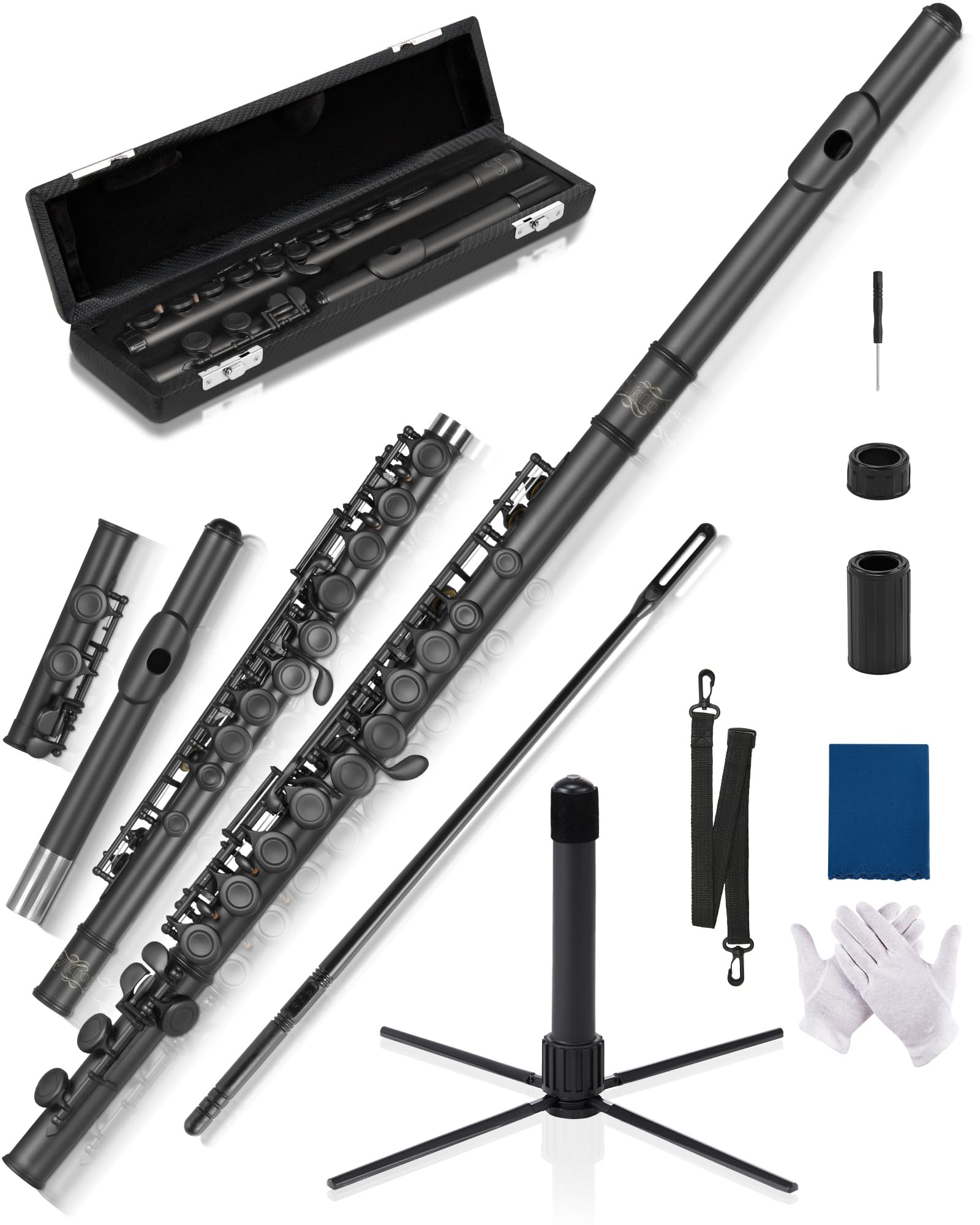 AKLOT Closed-Hole Concert C Flute: Flute Instrument with 16 Keys, Offset G, Smooth Black Nickel Keys, Air-Tight Pads, Include St