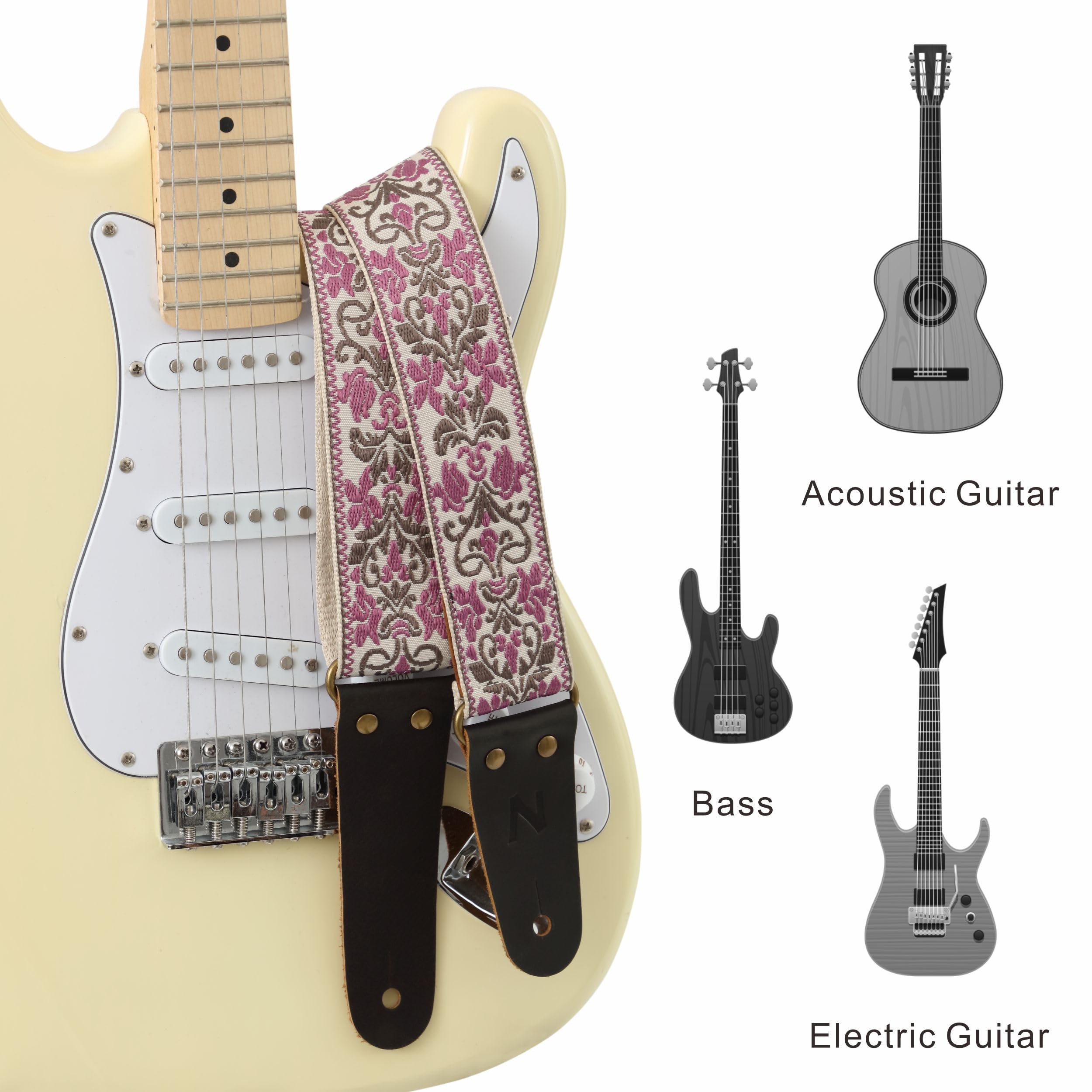 Nefelibata Guitar Strap, 2'' Jacquard Embroidery Guitar Straps, Full Grain Leather Ends with Hidden Pocket, for Bass, Electric a