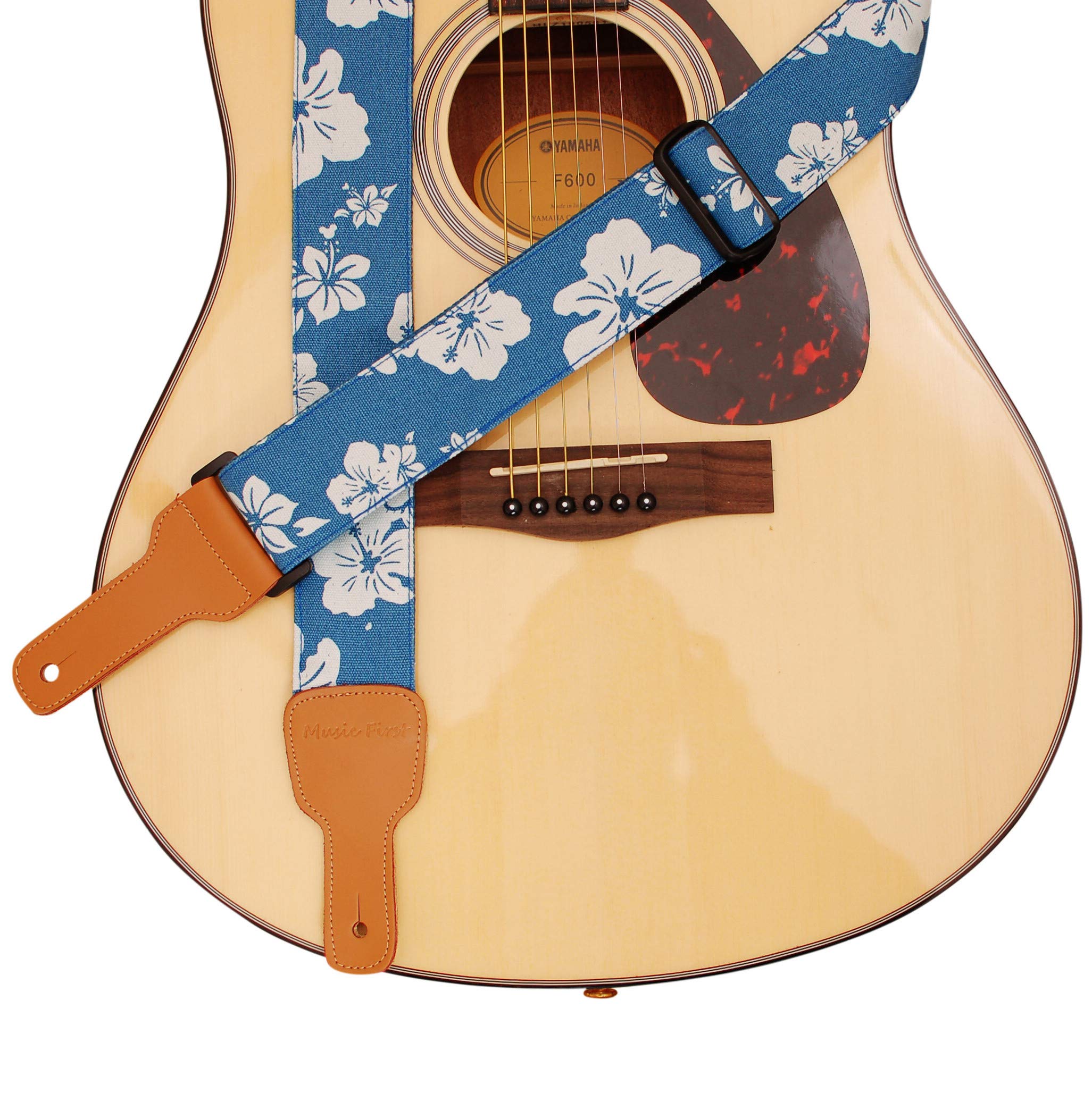 MUSIC FIRST Original Design, 2 inch width (5cm), Hawaiian Style Blue and White Plumeria    Soft Canvas & Genuine Leather Delux H