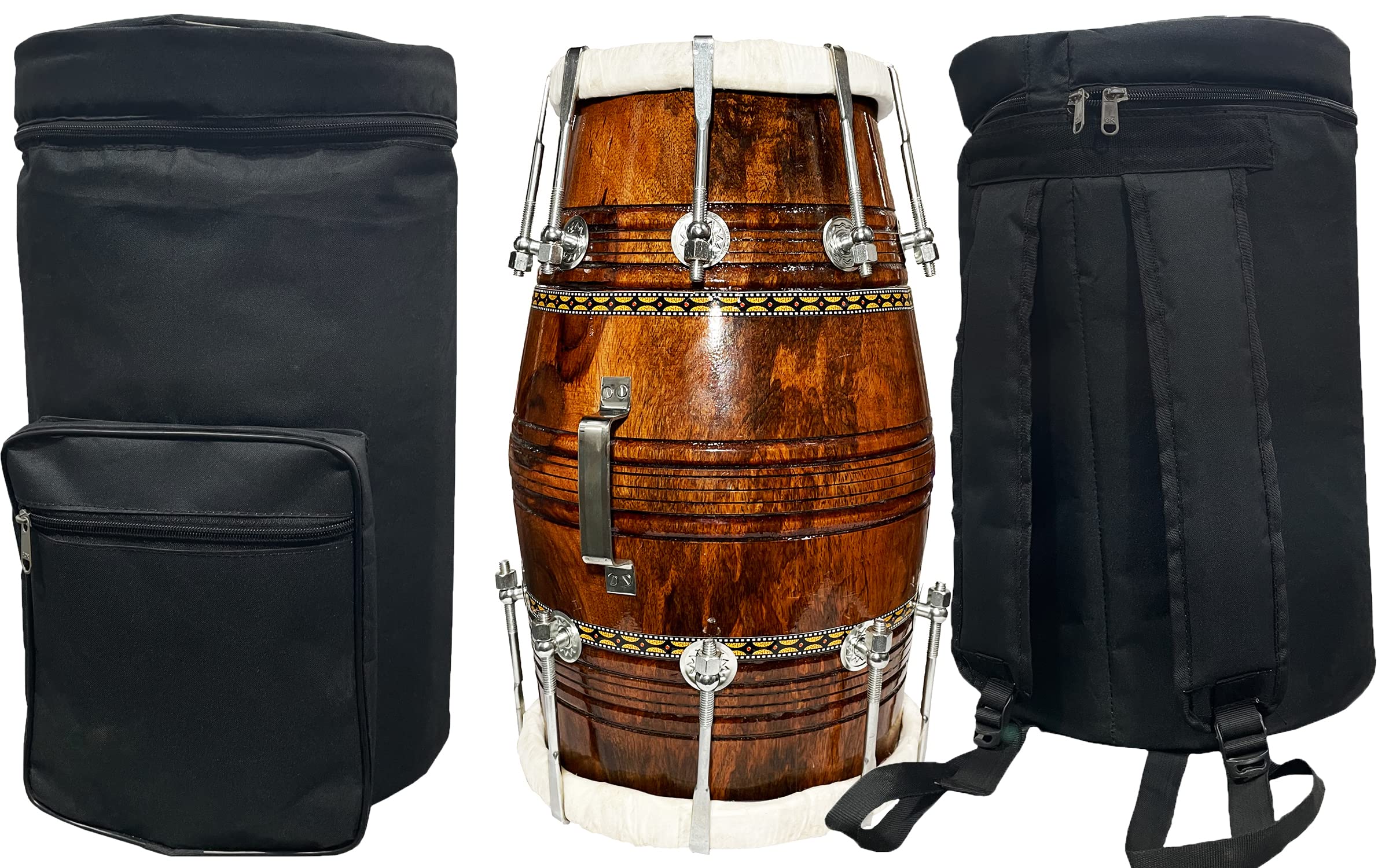 Professional Bhajan Kirtan Dholak With Brown Glassy Glass Transparent Polish Wild Goat Skin Made Ring Fitting By Nut&Bold On Bot