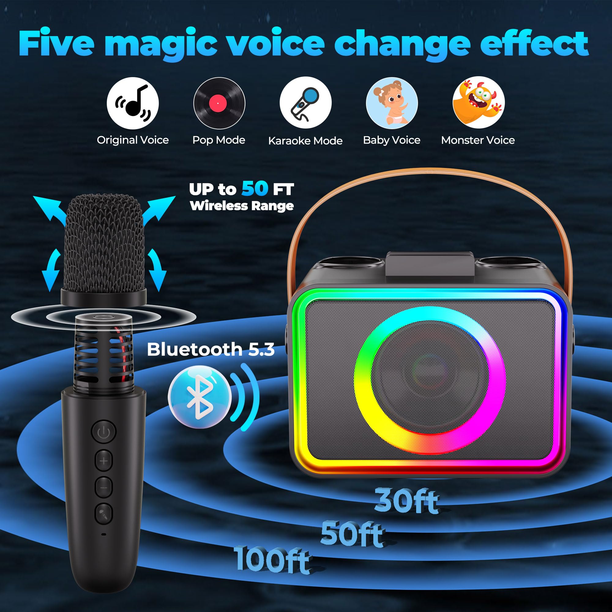 Karaoke Machine,Portable Bluetooth Karaoke Speaker with 2 Wireless Microphone for Adults & Kids with LED Lights, Karaoke Microph