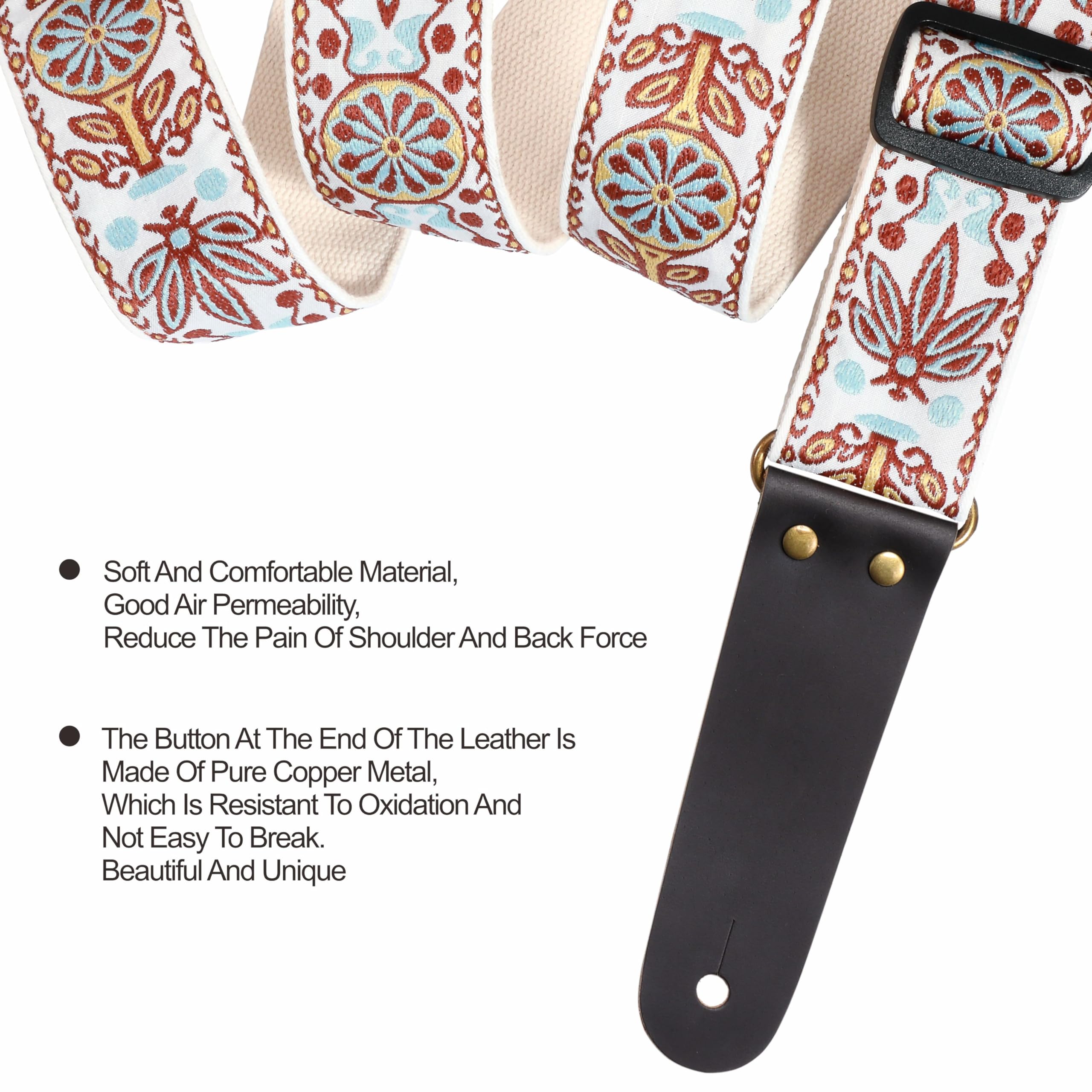 Nefelibata Guitar Strap - Vintage Embroidered Cotton Guitar Straps with Genuine Leather Ends for Bass, Electric & Acoustic Guita