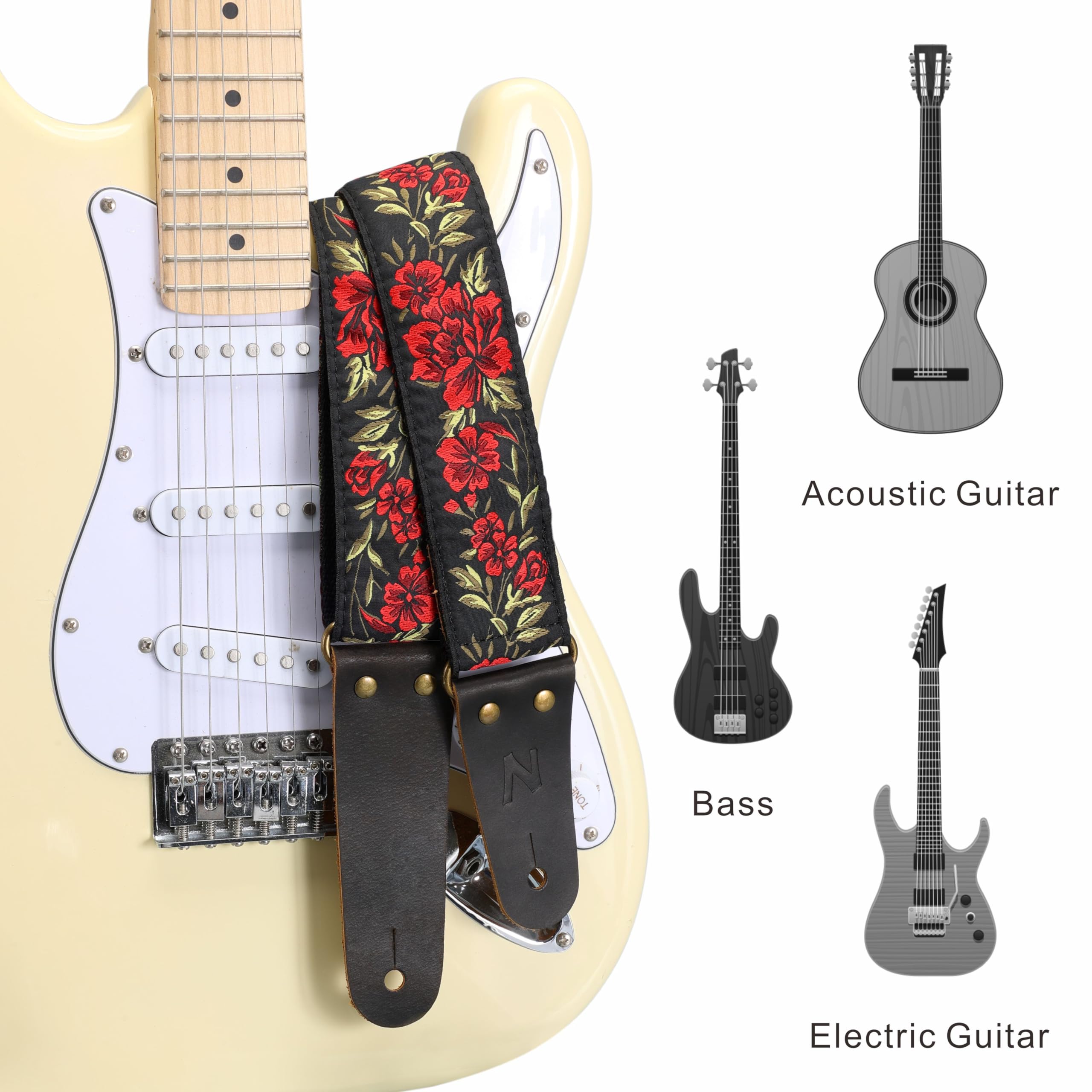 Nefelibata Guitar Strap, 2'' Cotton Embroidery Guitar Straps, Full Grain Leather Ends with Invisible Pocket, for Bass, Electric