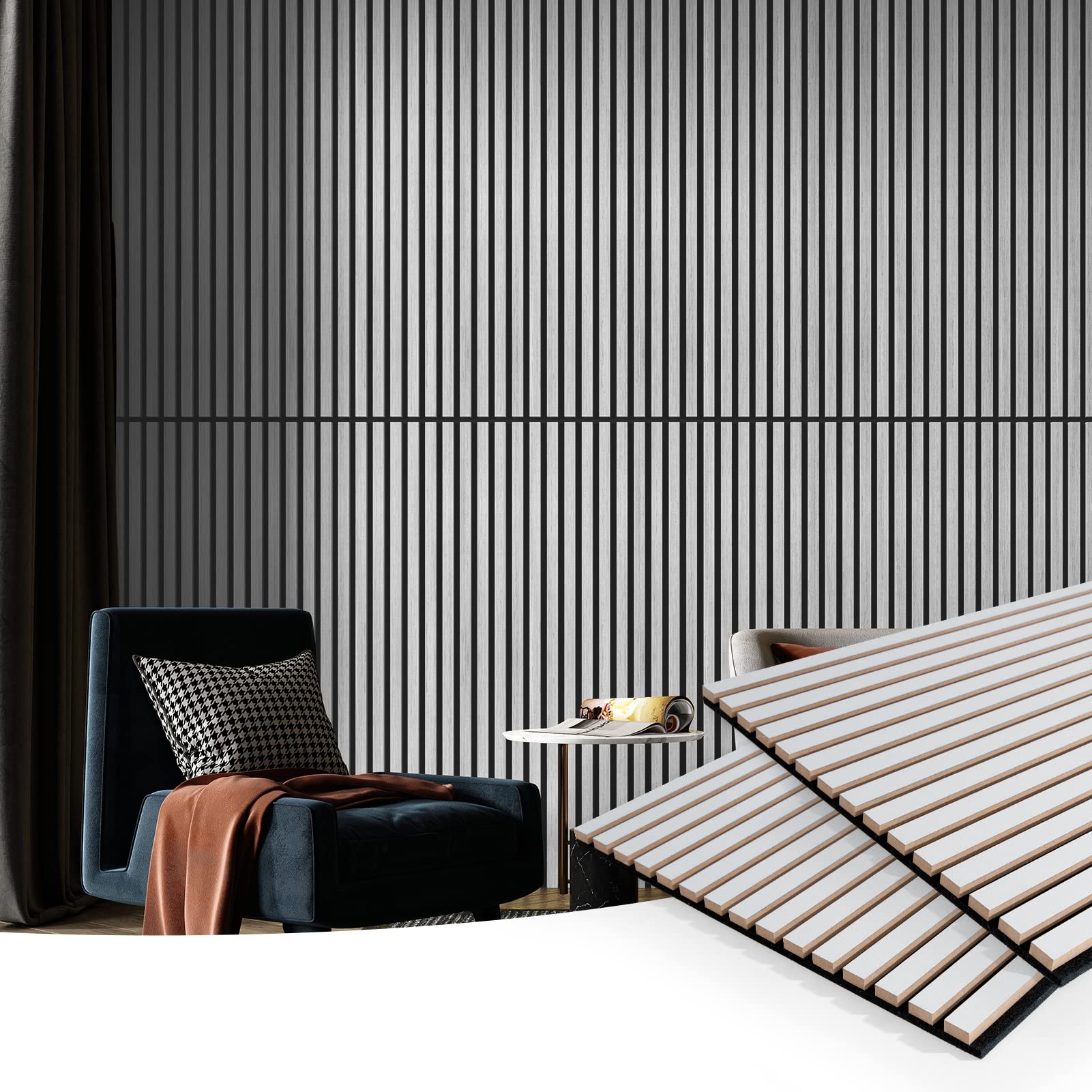 Art3d 2 Wood Slat Acoustic Panels for Wall and Ceiling - 3D Fluted Sound Absorbing Panel with Wood Finish - Brushed Silver