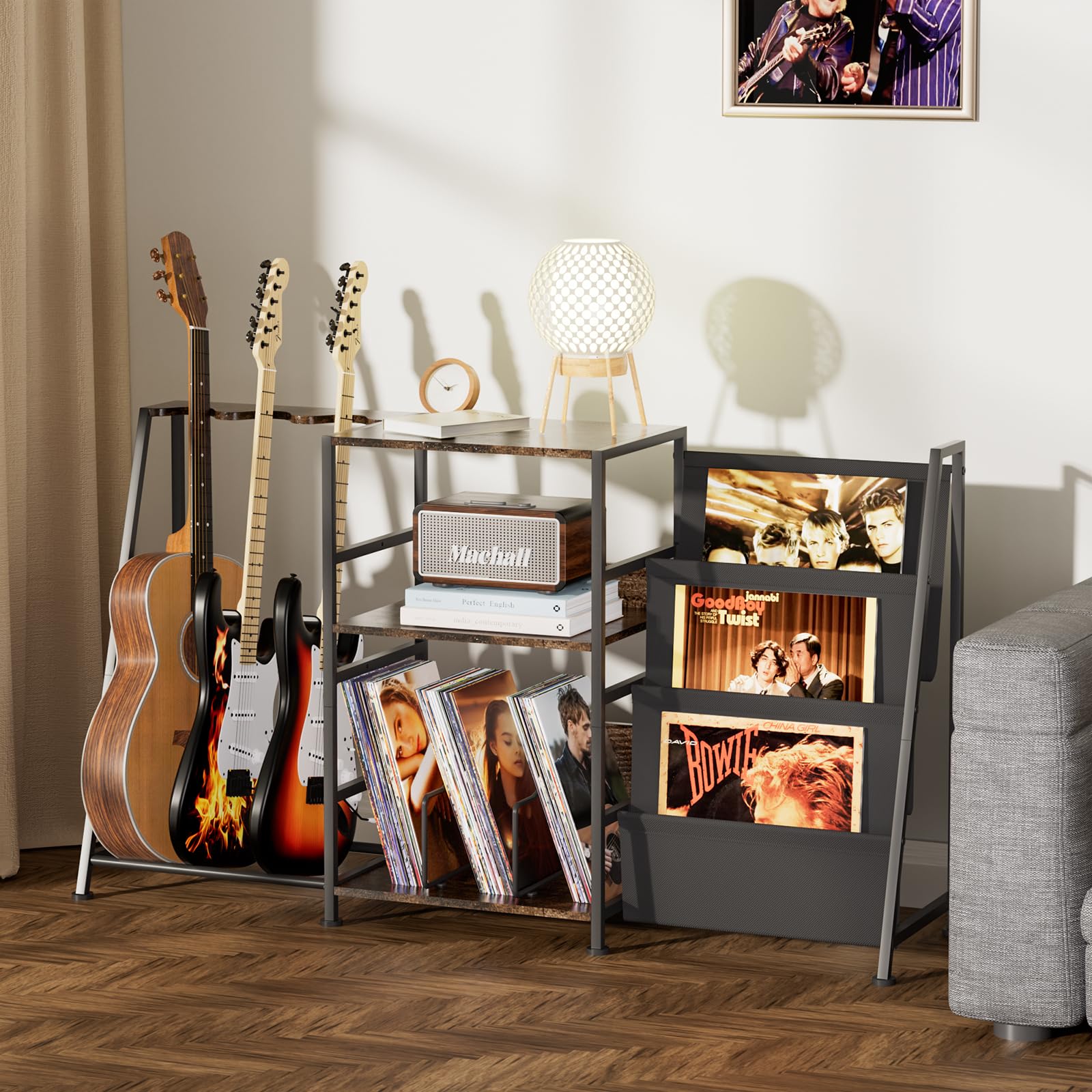 Hosfais Record Player Stand, 3 Tier Guitar Stand for Acoustic, Electric Guitar, Bass Stand, Vinyl Record Storage Up to 250 Album