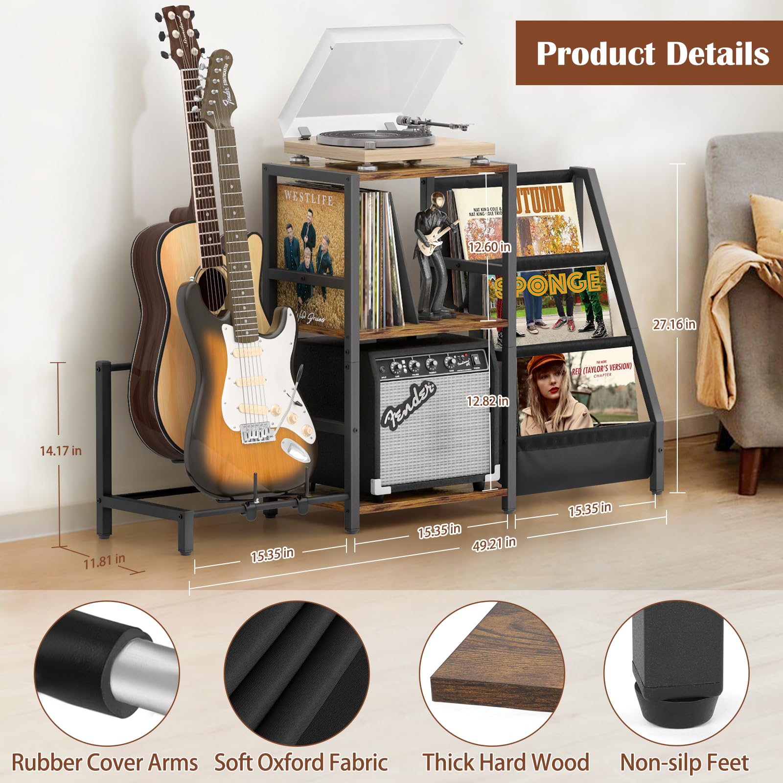 Bikoney Record Player Stand with Guitar Holder, Guitar Rack for Acoustic, Electric Guitar, Bass, Guitar Stand Multiple Guitars,