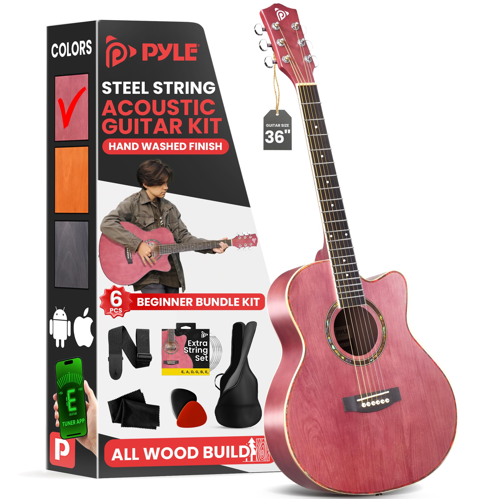 Pyle Acoustic Guitar Kit, 3/4 Junior Size All Wood Steel String Instrument For Beginner Kids, Adults, 36'' Deep Ruby