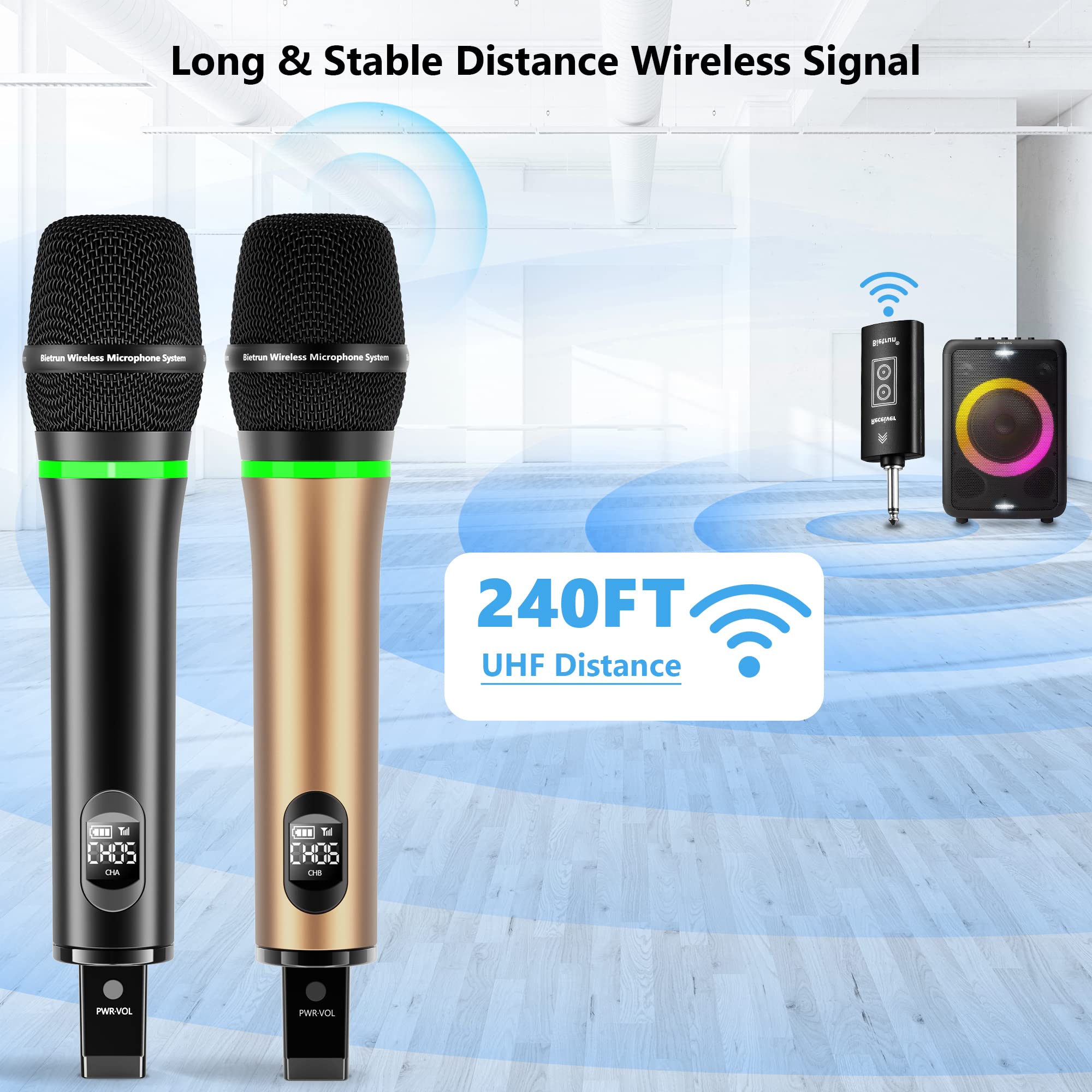 Bietrun Wireless Microphone, 240FT Rechargeable UHF Metal Dual Cordless Handheld Dynamic Mics with Bluetooth for Karaoke Machine