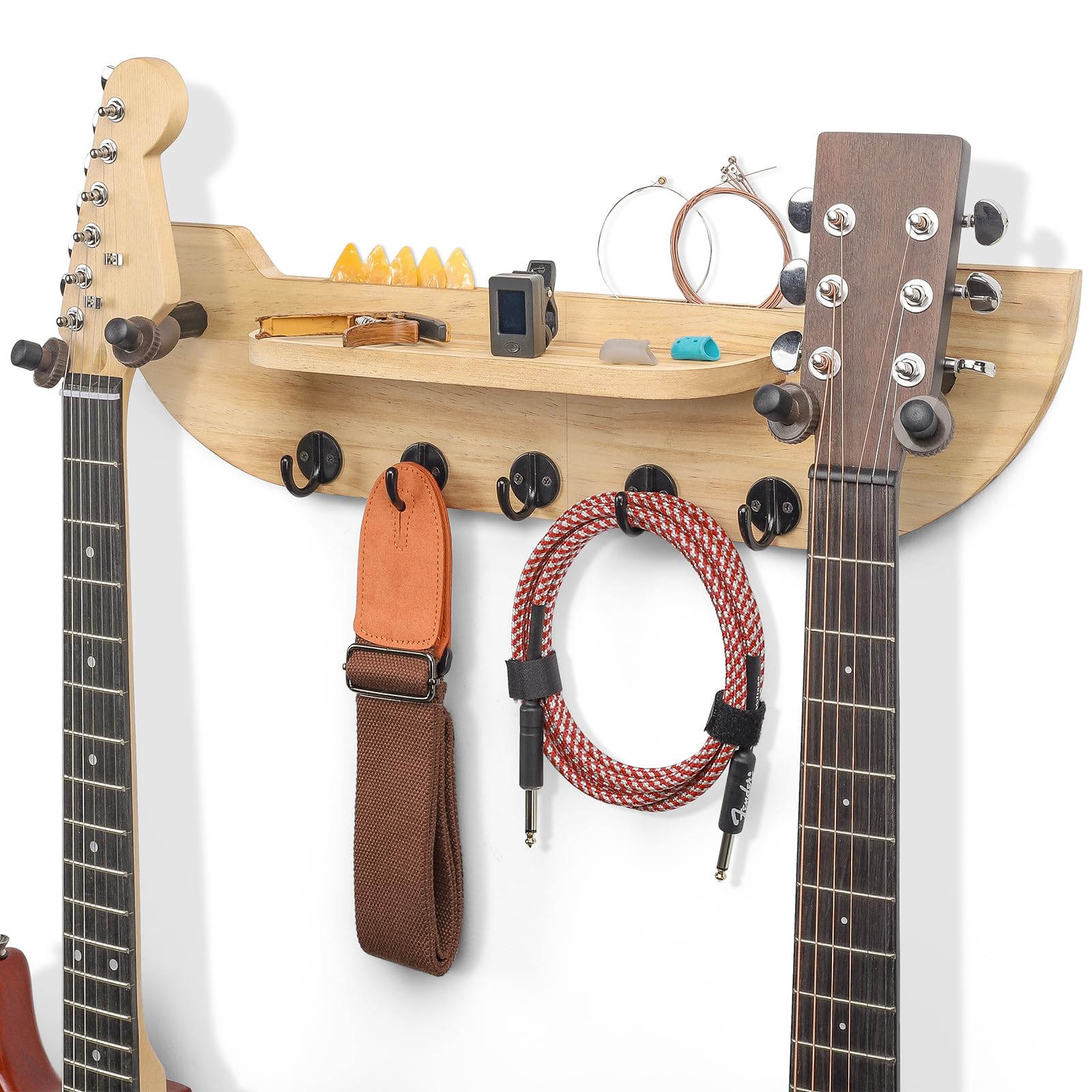 Homde Guitar Wall Mount with 2 Rotatable Rubber Hook,Guitar Hanger with Pick Holder and Accessories Shelf,Guitar Holder Wall Sta