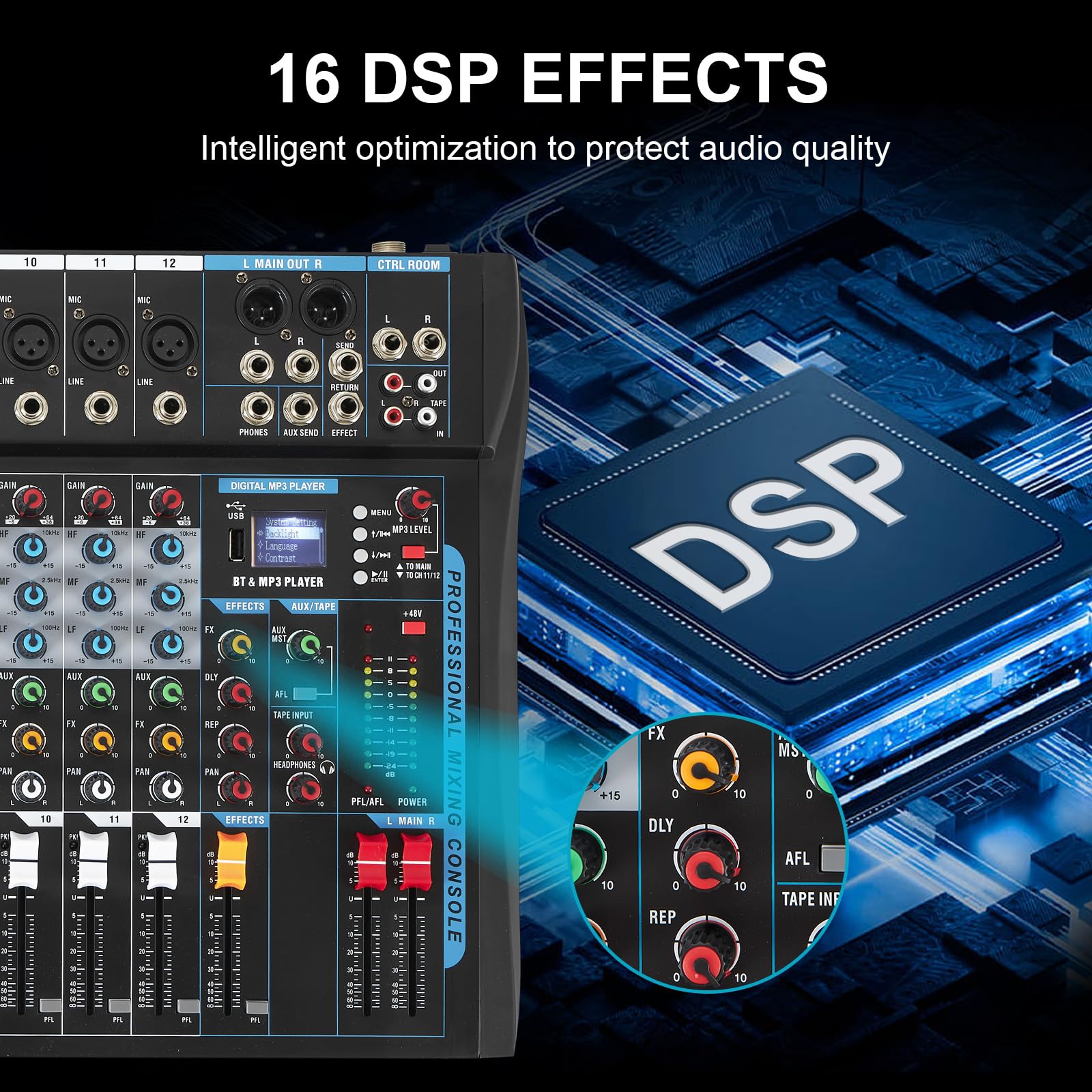 SIKUING 12 Channel Audio Interfacer Sound Board Mixer DJ Mixer 16-Bit DSP Effect USB Audio Mixer +48V Phantom Power Bluetooth Mi
