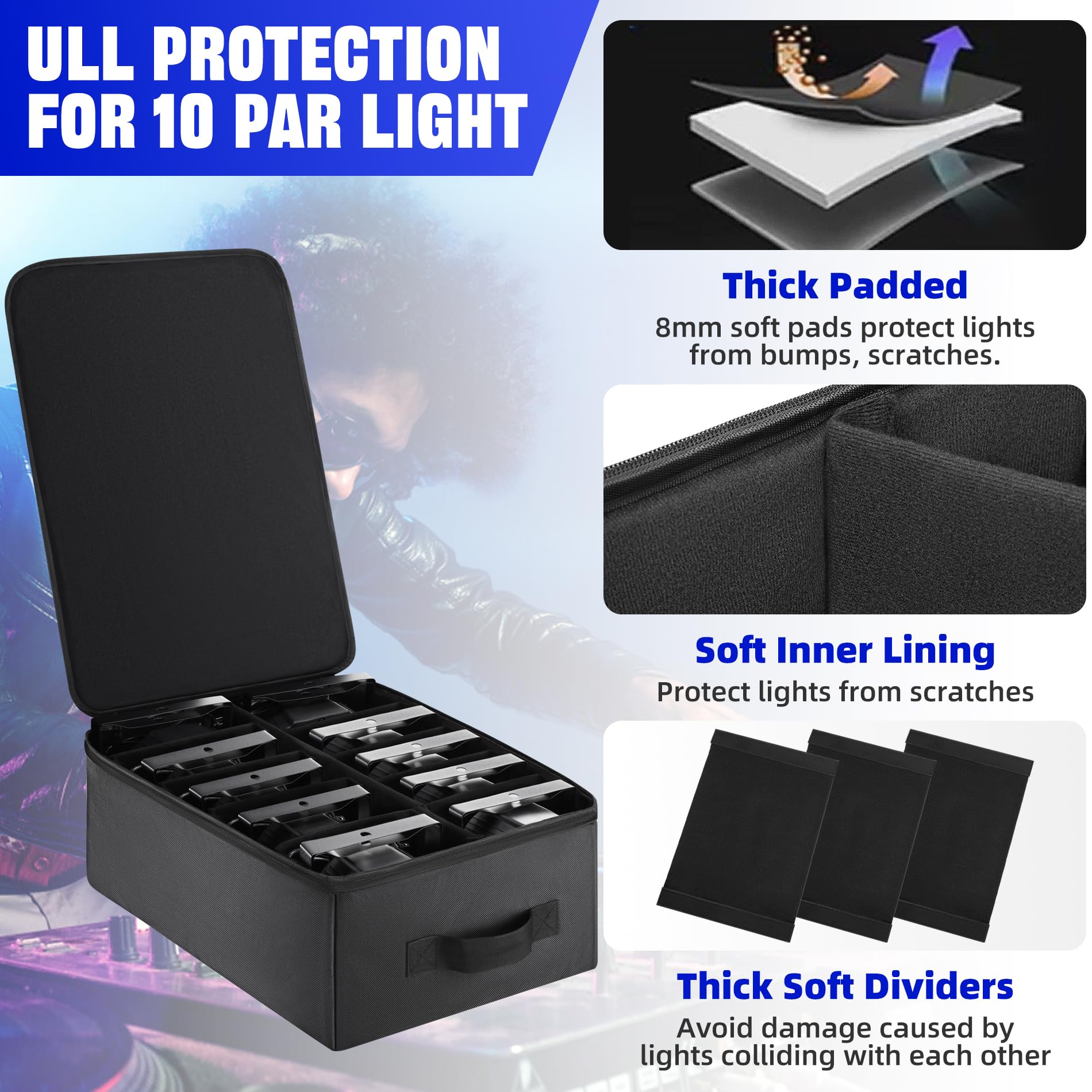 Aleemin Par Light Bag Soft Padded for 10 Par Lights, Stage Lighting Case with Removable Dividers & Backpack-strap & Handle, Ligh