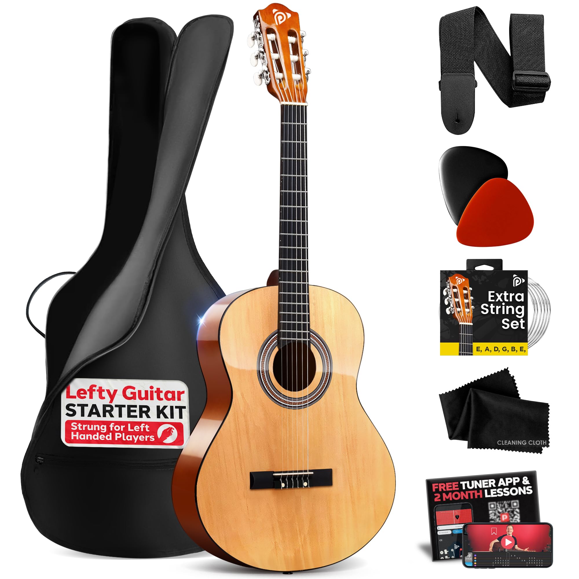 Pyle Left Handed Beginner Acoustic Guitar Kit, 3/4 Junior Size All Wood Instrument with Full Accessory Kit, Picks, Shoulder Stra