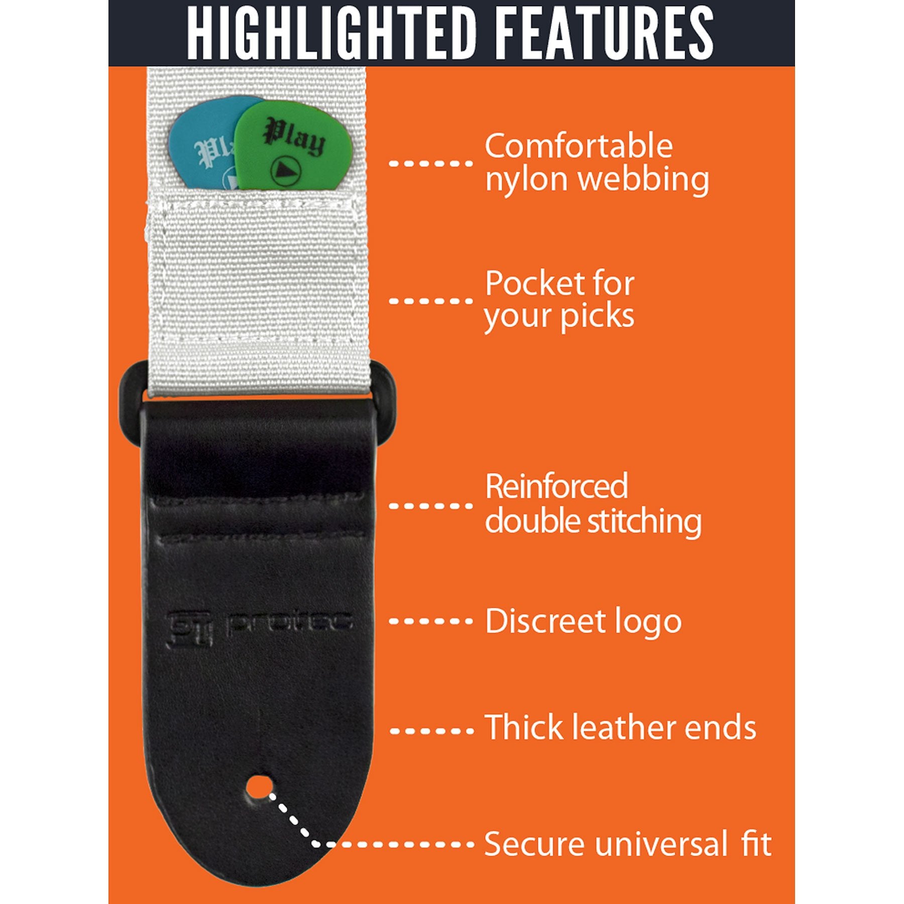 Protec Guitar Strap featuring Thick Leather Ends and Pick Pocket, White